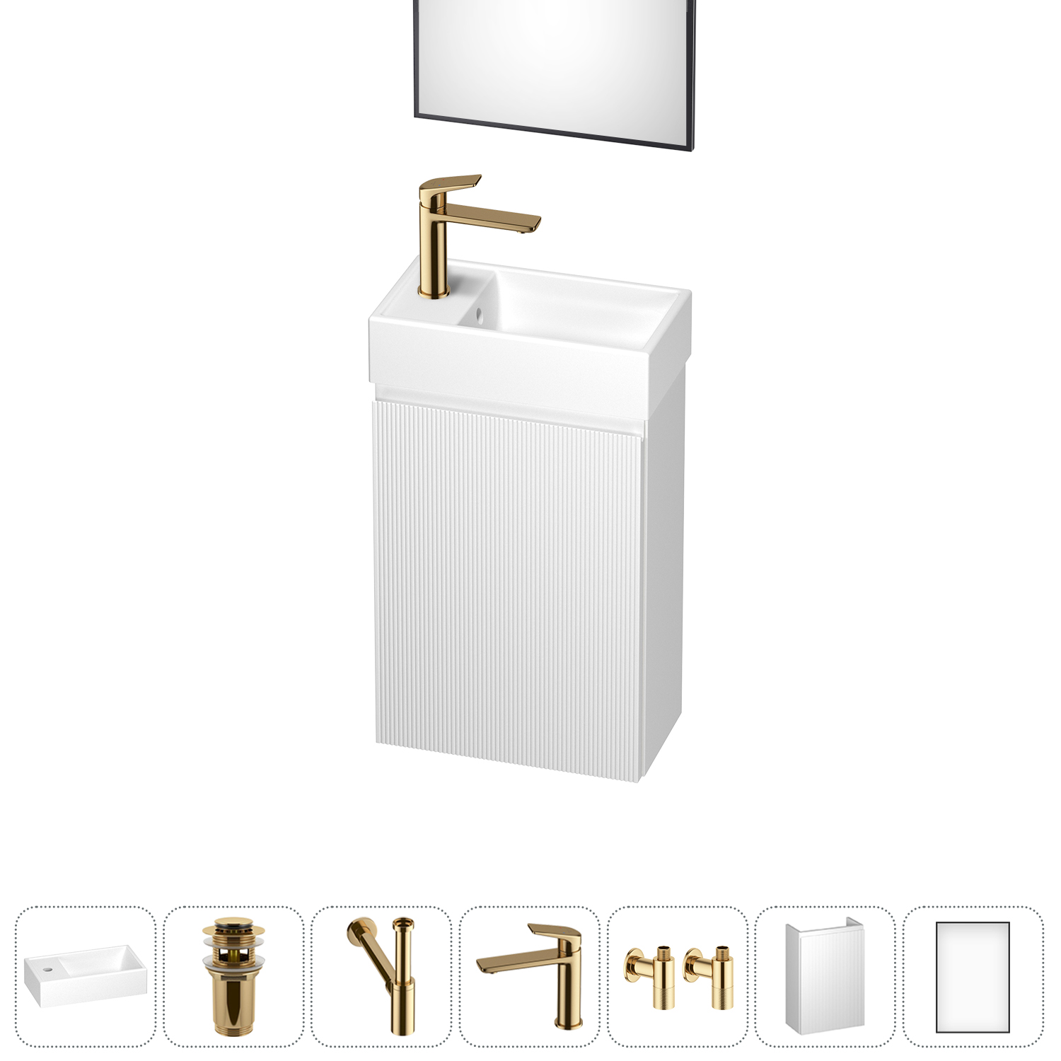 Тумба с раковиной Wellsee WC Area 40 L подвесная, белый матовый (зеркало, донный клапан, сифон, смеситель, угловые вентили (цвет набора золото)), 202010509
Тумба с раковиной Wellsee WC Area 40 L подвесная, белый матовый (зеркало, донный клапан, сифон, смеситель, угловые вентили (цвет набора золото)), 202010509