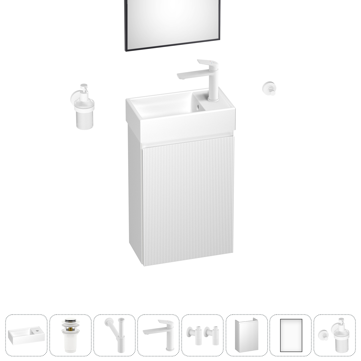 Тумба с раковиной Wellsee WC Area 40 R подвесная, белый (зеркало, донный клапан, дозатор, сифон, смеситель, угл. вентили, крючок (цвет набора белый)), Белый матовый, 202010486
Тумба с раковиной Wellsee WC Area 40 R подвесная, белый (зеркало, донный клапан, дозатор, сифон, смеситель, угл. вентили, крючок (цвет набора белый)), Белый матовый, 202010486