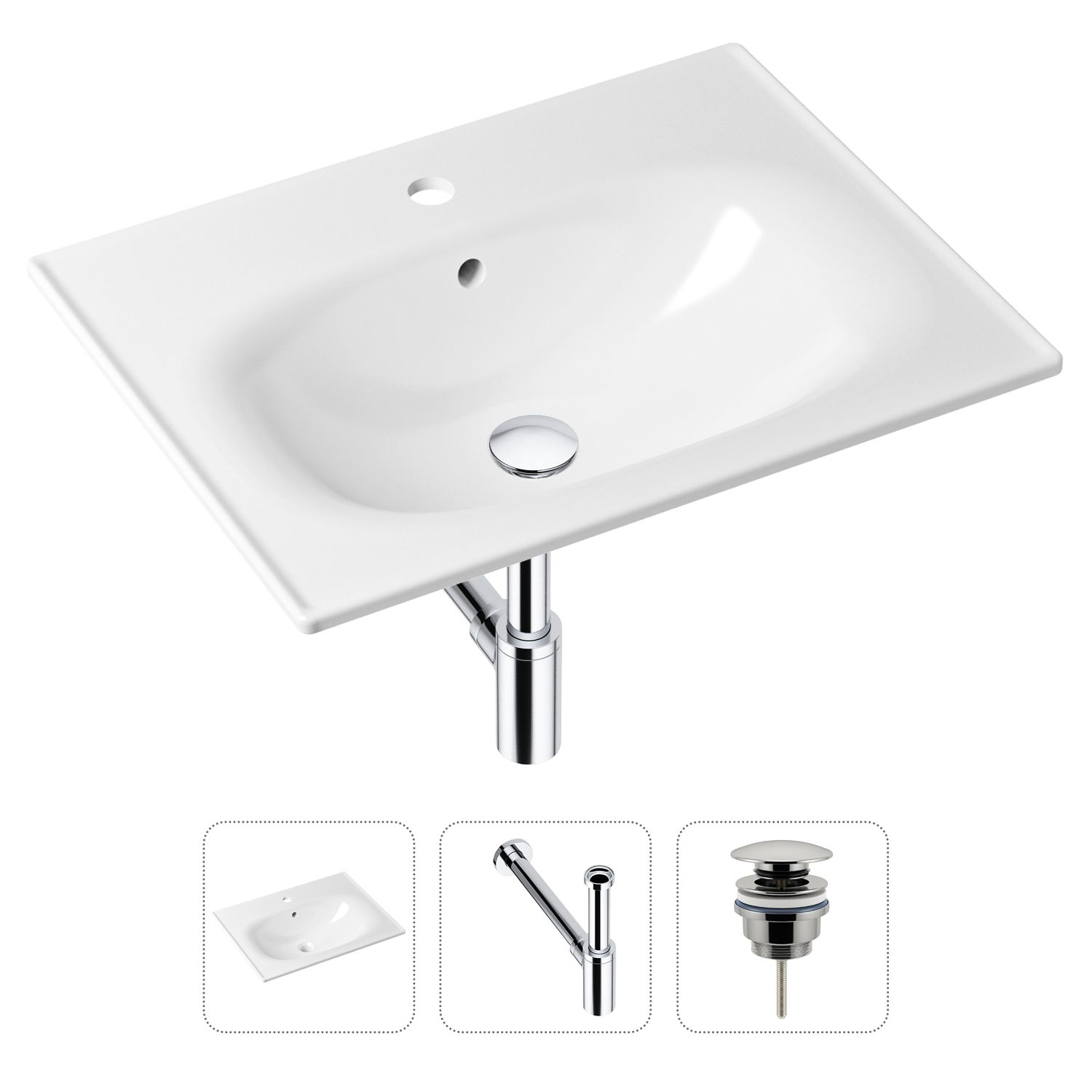 Комплект 3 в 1 Lavinia Boho Bathroom Sink 21520438: врезная фарфоровая раковина 60 см, металлический сифон, донный клапан, Белый, 21520438
Комплект 3 в 1 Lavinia Boho Bathroom Sink 21520438: врезная фарфоровая раковина 60 см, металлический сифон, донный клапан, Белый, 21520438