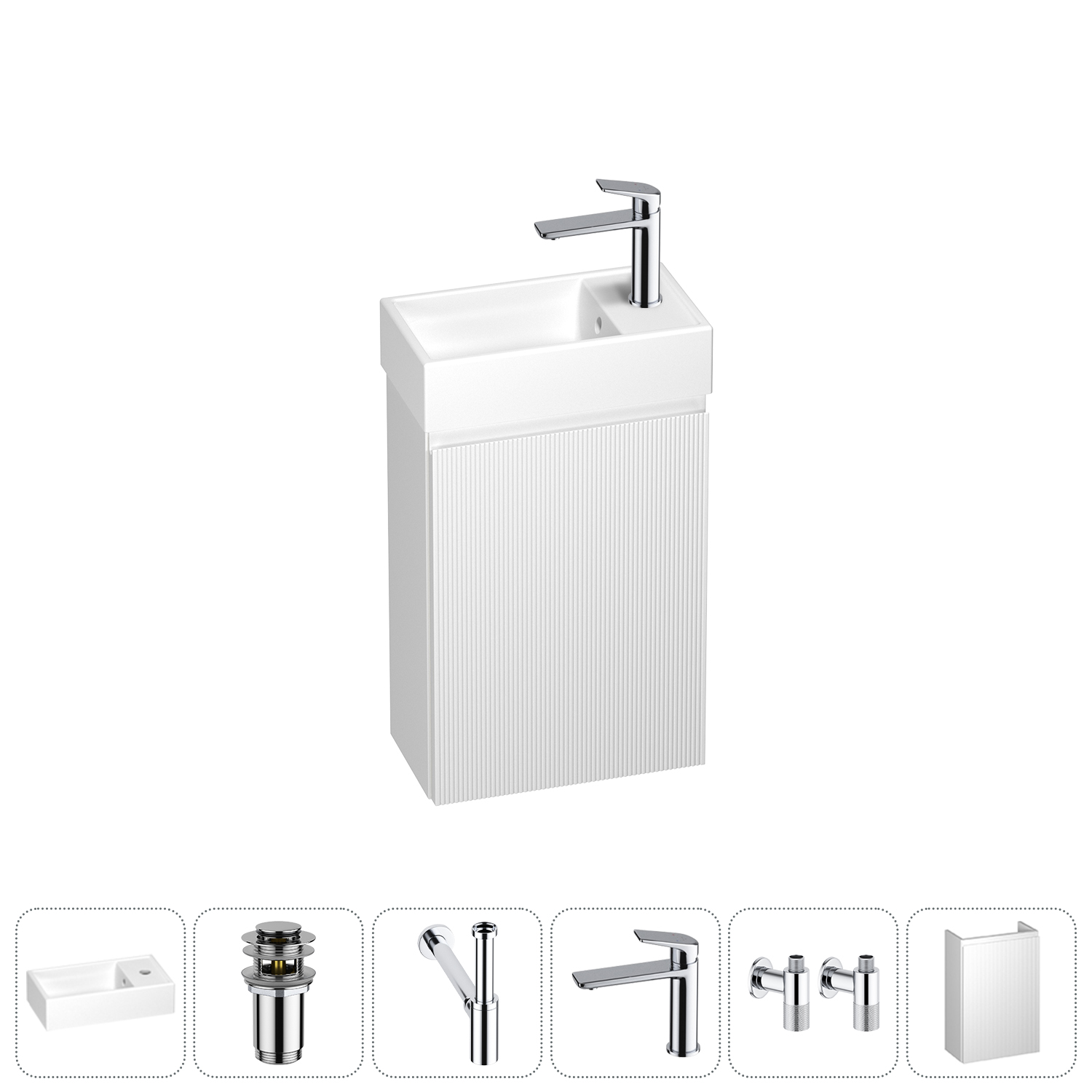 Тумба с раковиной Wellsee WC Area 40 R подвесная, белый матовый (донный клапан, сифон, смеситель, угловые вентили (цвет набора хром)), 202010471
Тумба с раковиной Wellsee WC Area 40 R подвесная, белый матовый (донный клапан, сифон, смеситель, угловые вентили (цвет набора хром)), 202010471