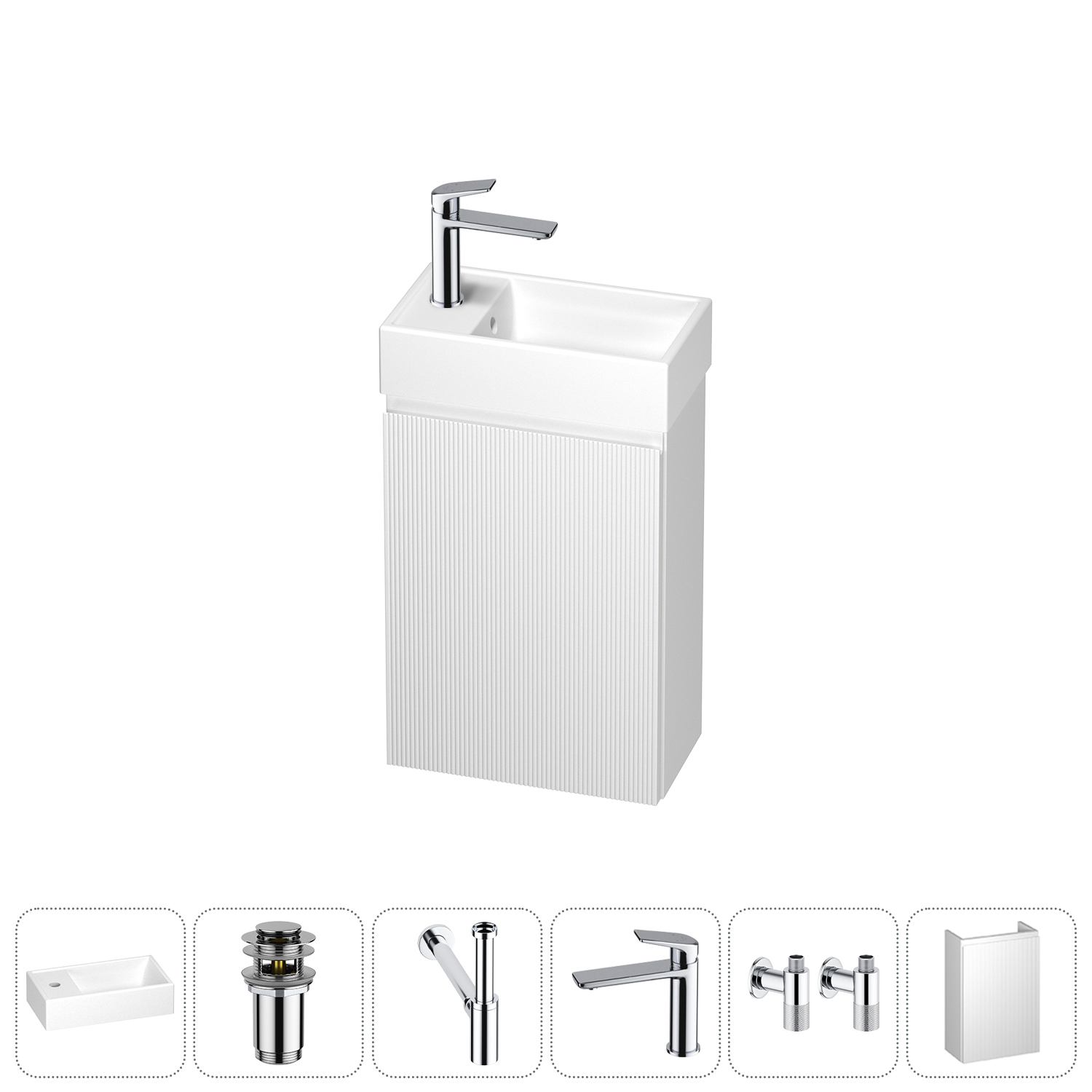 Тумба с раковиной Wellsee WC Area 40 L подвесная, белый матовый (донный клапан, сифон, смеситель, угловые вентили (цвет набора хром)), 202010503
Тумба с раковиной Wellsee WC Area 40 L подвесная, белый матовый (донный клапан, сифон, смеситель, угловые вентили (цвет набора хром)), 202010503