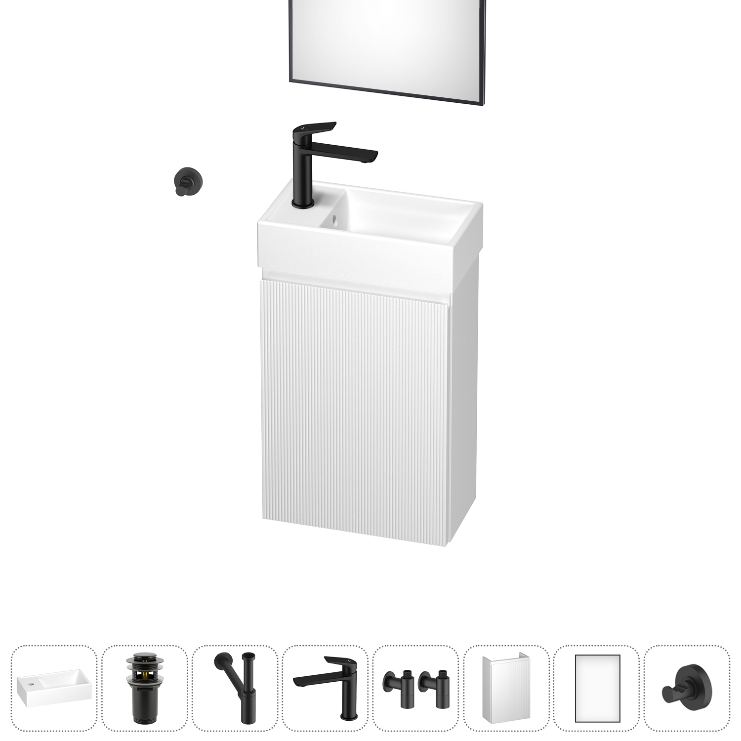 Тумба с раковиной Wellsee WC Area 40 L подвесная, белый (зеркало, донный клапан, сифон, смеситель, угловые вентили, крючок (цвет набора черный)), Белый матовый, 202010512
Тумба с раковиной Wellsee WC Area 40 L подвесная, белый (зеркало, донный клапан, сифон, смеситель, угловые вентили, крючок (цвет набора черный)), Белый матовый, 202010512