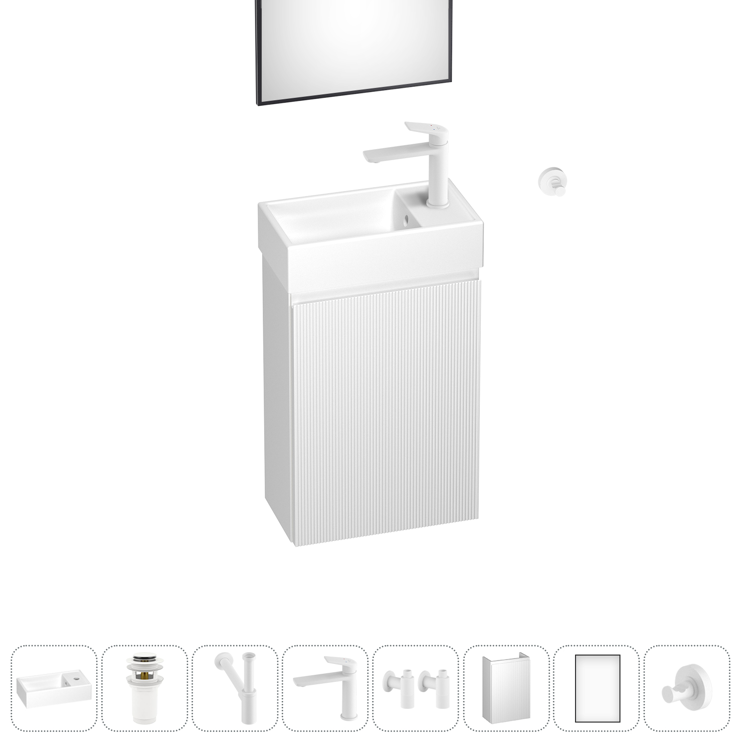 Тумба с раковиной Wellsee WC Area 40 R подвесная, белый (зеркало, донный клапан, сифон, смеситель, угловые вентили, крючок (цвет набора белый)), Белый матовый, 202010482
Тумба с раковиной Wellsee WC Area 40 R подвесная, белый (зеркало, донный клапан, сифон, смеситель, угловые вентили, крючок (цвет набора белый)), Белый матовый, 202010482