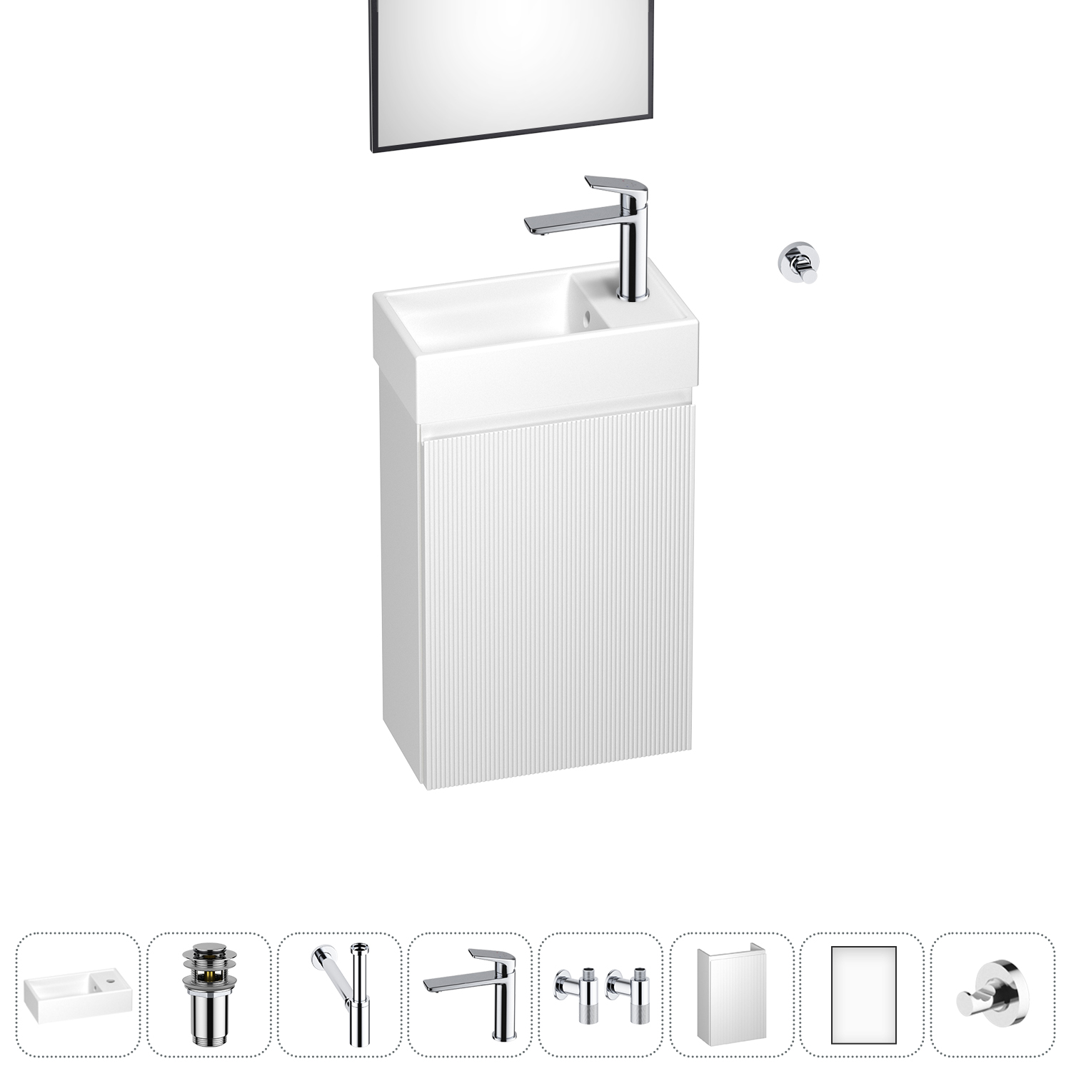 Тумба с раковиной Wellsee WC Area 40 R подвесная, белый (зеркало, донный клапан, сифон, смеситель, угловые вентили, крючок (цвет набора хром)), Белый матовый, 202010479
Тумба с раковиной Wellsee WC Area 40 R подвесная, белый (зеркало, донный клапан, сифон, смеситель, угловые вентили, крючок (цвет набора хром)), Белый матовый, 202010479