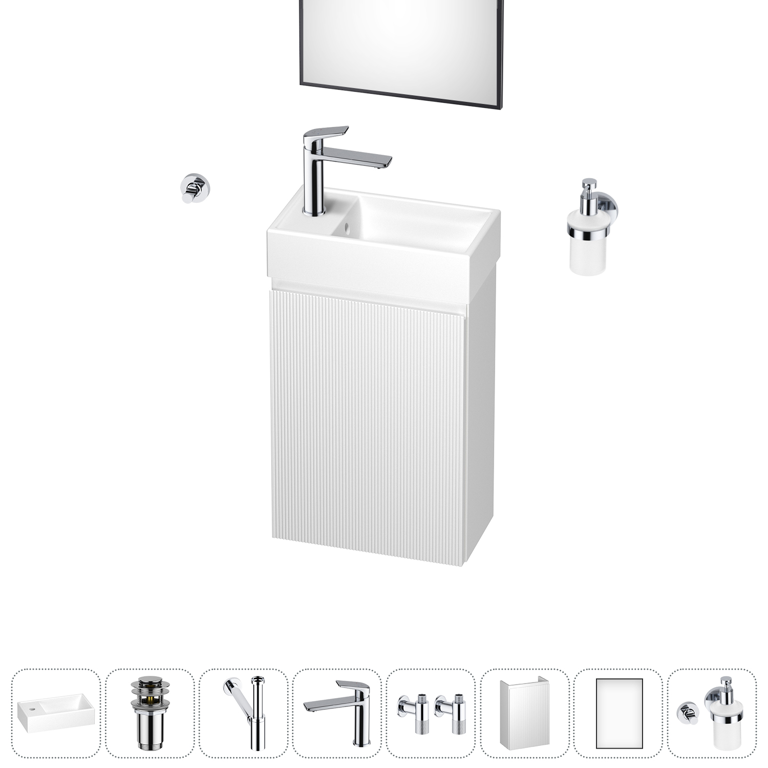 Тумба с раковиной Wellsee WC Area 40 L подвесная, белый (зеркало, донный клапан, дозатор, сифон, смеситель, угл. вентили, крючок (цвет набора хром)), Белый матовый, 202010515
Тумба с раковиной Wellsee WC Area 40 L подвесная, белый (зеркало, донный клапан, дозатор, сифон, смеситель, угл. вентили, крючок (цвет набора хром)), Белый матовый, 202010515