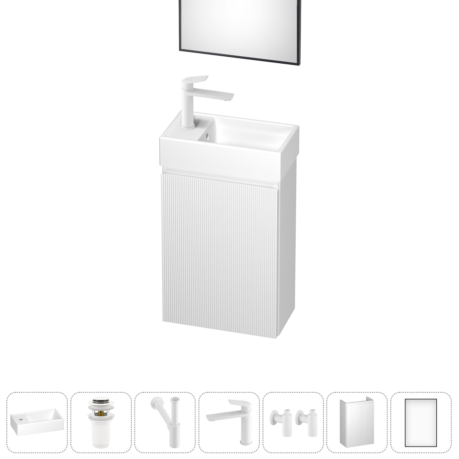 Тумба с раковиной Wellsee WC Area 40 L подвесная, белый матовый (зеркало, донный клапан, сифон, смеситель, угловые вентили (цвет набора белый)), 202010510
Тумба с раковиной Wellsee WC Area 40 L подвесная, белый матовый (зеркало, донный клапан, сифон, смеситель, угловые вентили (цвет набора белый)), 202010510