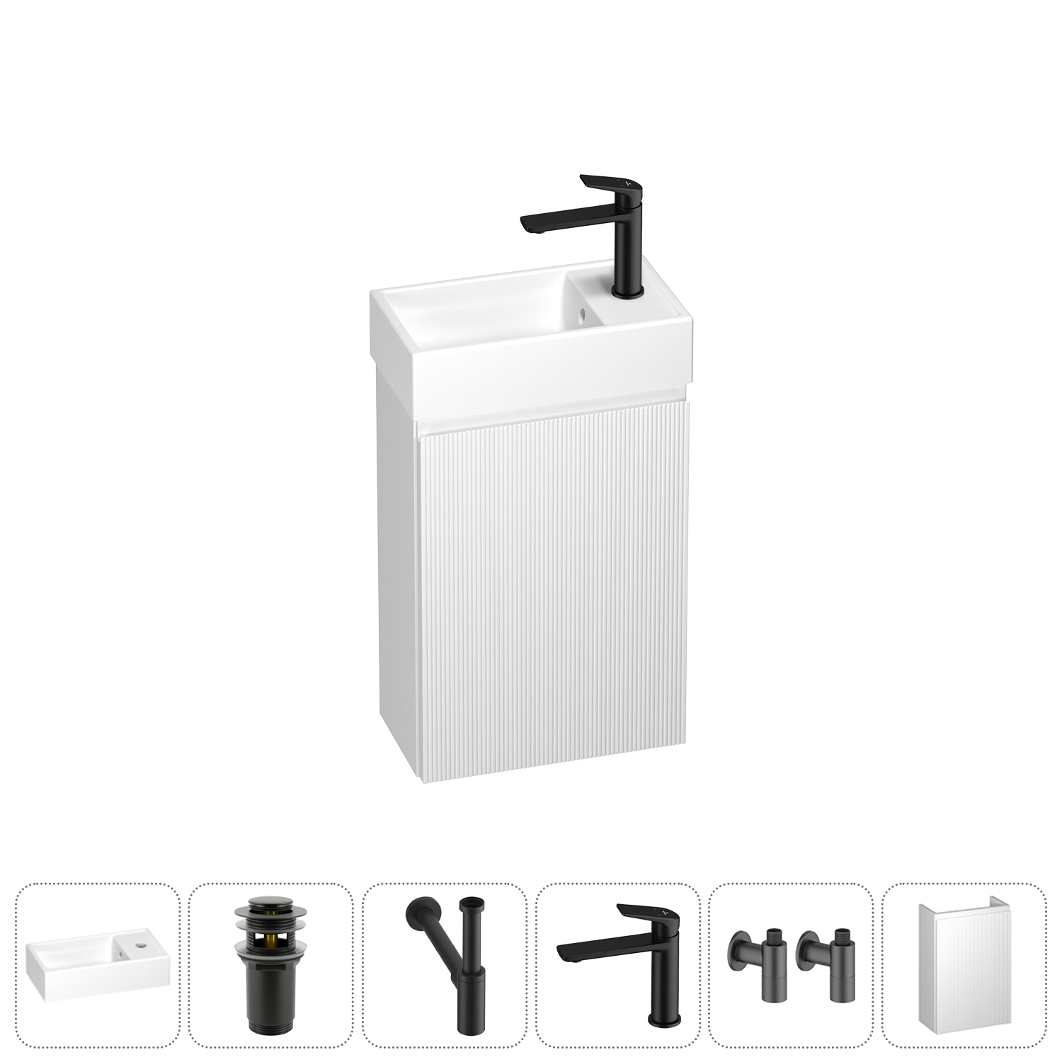 Тумба с раковиной Wellsee WC Area 40 R подвесная, белый матовый (донный клапан, сифон, смеситель, угловые вентили (цвет набора матовый черный)), 202010472
Тумба с раковиной Wellsee WC Area 40 R подвесная, белый матовый (донный клапан, сифон, смеситель, угловые вентили (цвет набора матовый черный)), 202010472
