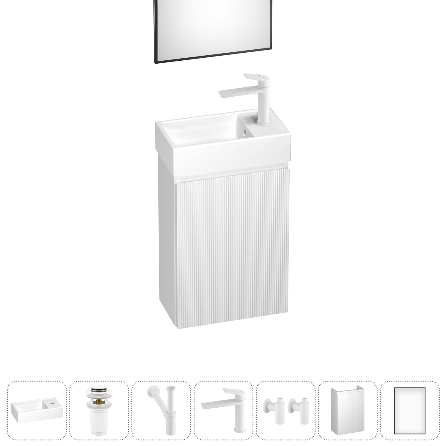 Тумба с раковиной Wellsee WC Area 40 R подвесная, белый матовый (зеркало, донный клапан, сифон, смеситель, угловые вентили (цвет набора белый)), 202010478
Тумба с раковиной Wellsee WC Area 40 R подвесная, белый матовый (зеркало, донный клапан, сифон, смеситель, угловые вентили (цвет набора белый)), 202010478