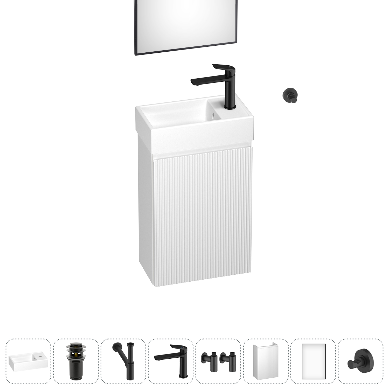 Тумба с раковиной Wellsee WC Area 40 R подвесная, белый (зеркало, донный клапан, сифон, смеситель, угловые вентили, крючок (цвет набора черный)), Белый матовый, 202010480
Тумба с раковиной Wellsee WC Area 40 R подвесная, белый (зеркало, донный клапан, сифон, смеситель, угловые вентили, крючок (цвет набора черный)), Белый матовый, 202010480