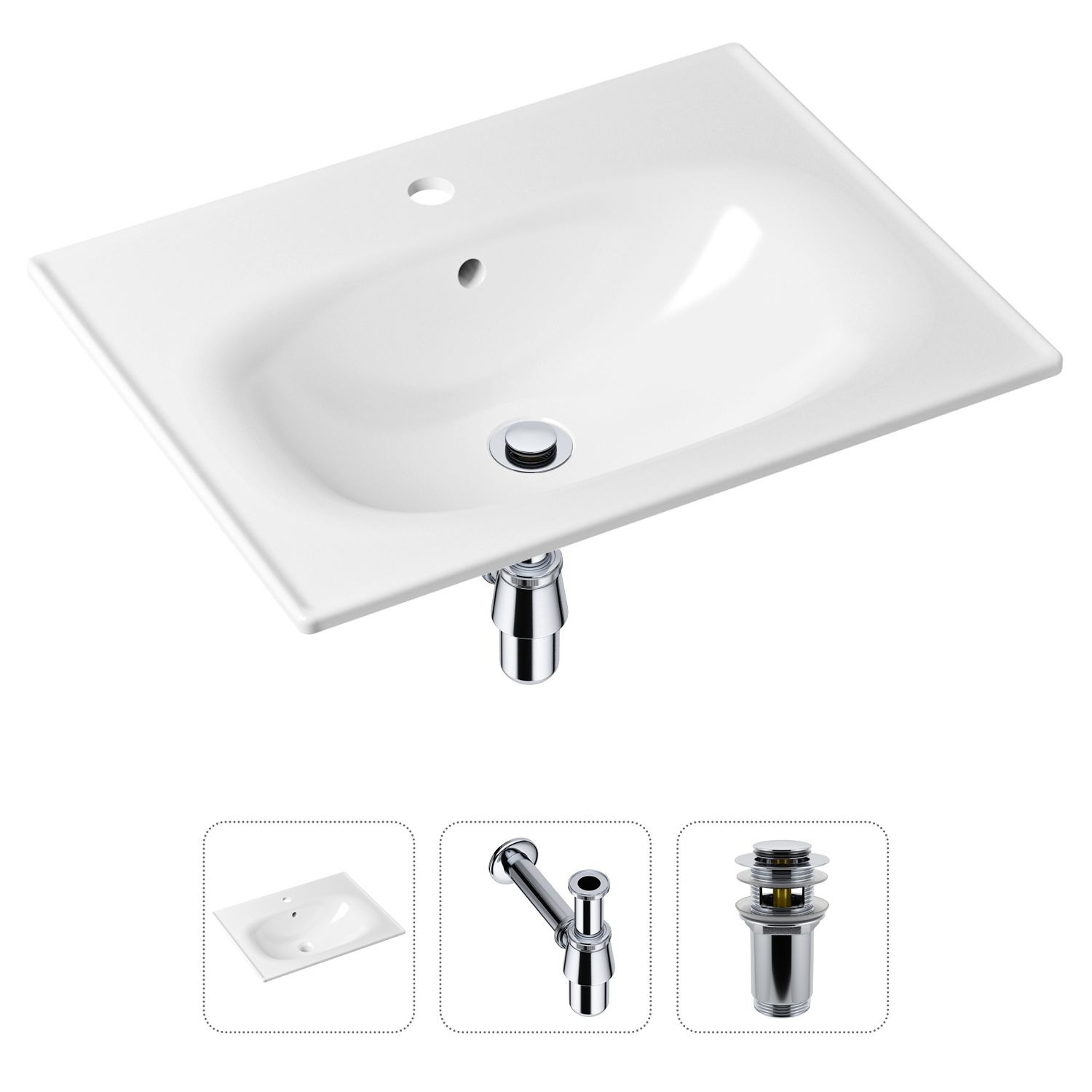Комплект 3 в 1 Lavinia Boho Bathroom Sink 21520435: врезная фарфоровая раковина 60 см, металлический сифон, донный клапан, Белый, 21520435
Комплект 3 в 1 Lavinia Boho Bathroom Sink 21520435: врезная фарфоровая раковина 60 см, металлический сифон, донный клапан, Белый, 21520435