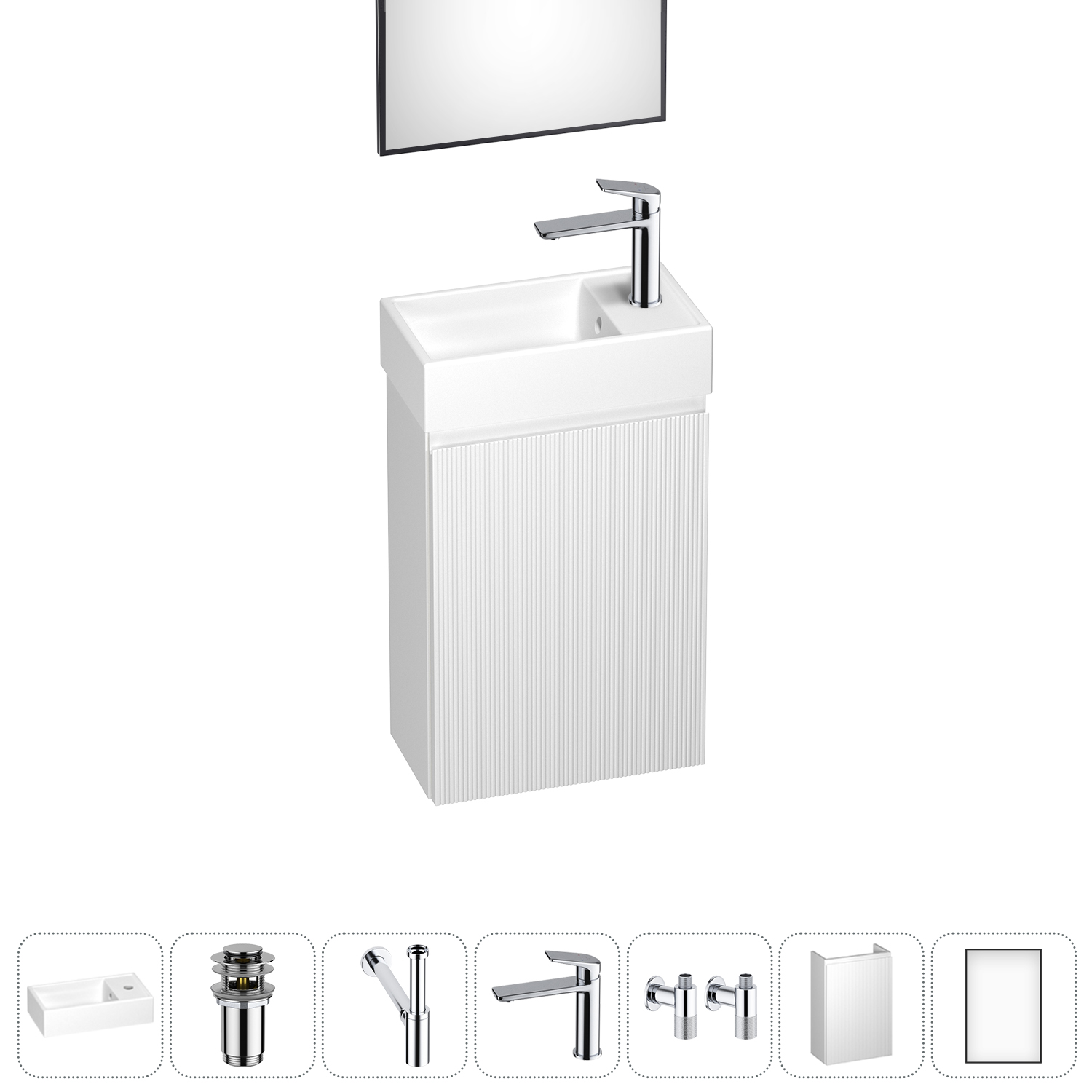 Тумба с раковиной Wellsee WC Area 40 R подвесная, белый матовый (зеркало, донный клапан, сифон, смеситель, угловые вентили (цвет набора хром)), 202010475
Тумба с раковиной Wellsee WC Area 40 R подвесная, белый матовый (зеркало, донный клапан, сифон, смеситель, угловые вентили (цвет набора хром)), 202010475