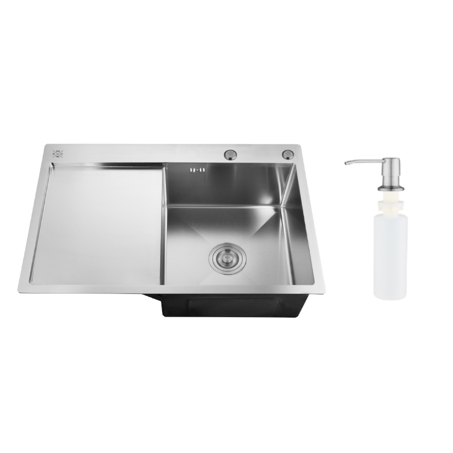 

Мойка кухонная Ростовская Мануфактура Сантехники (РМС) MRK-7851R с левым крылом, дозатор, нержавеющая сталь, MRK-7851R