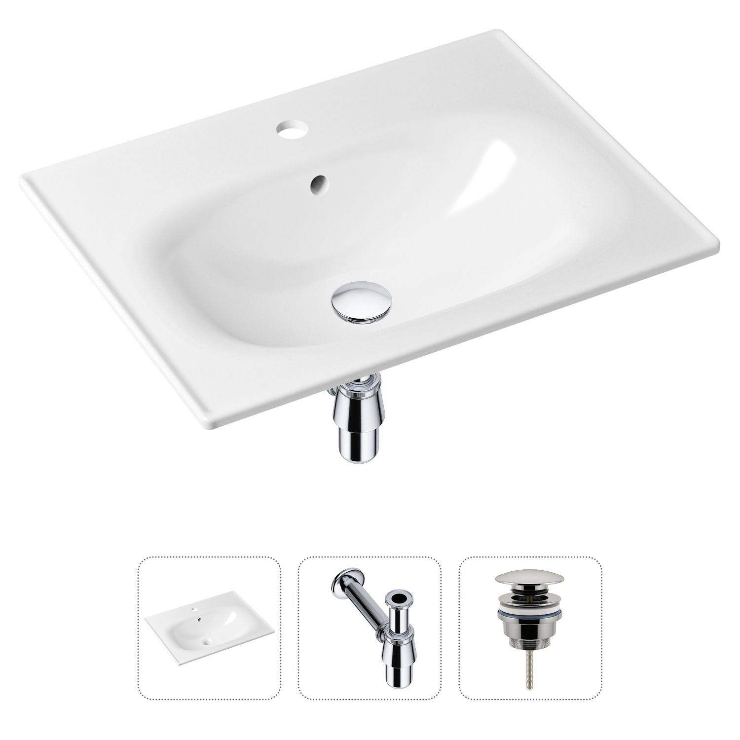 

Комплект 3 в 1 Lavinia Boho Bathroom Sink 21520436: врезная фарфоровая раковина 60 см, металлический сифон, донный клапан, Белый, 21520436