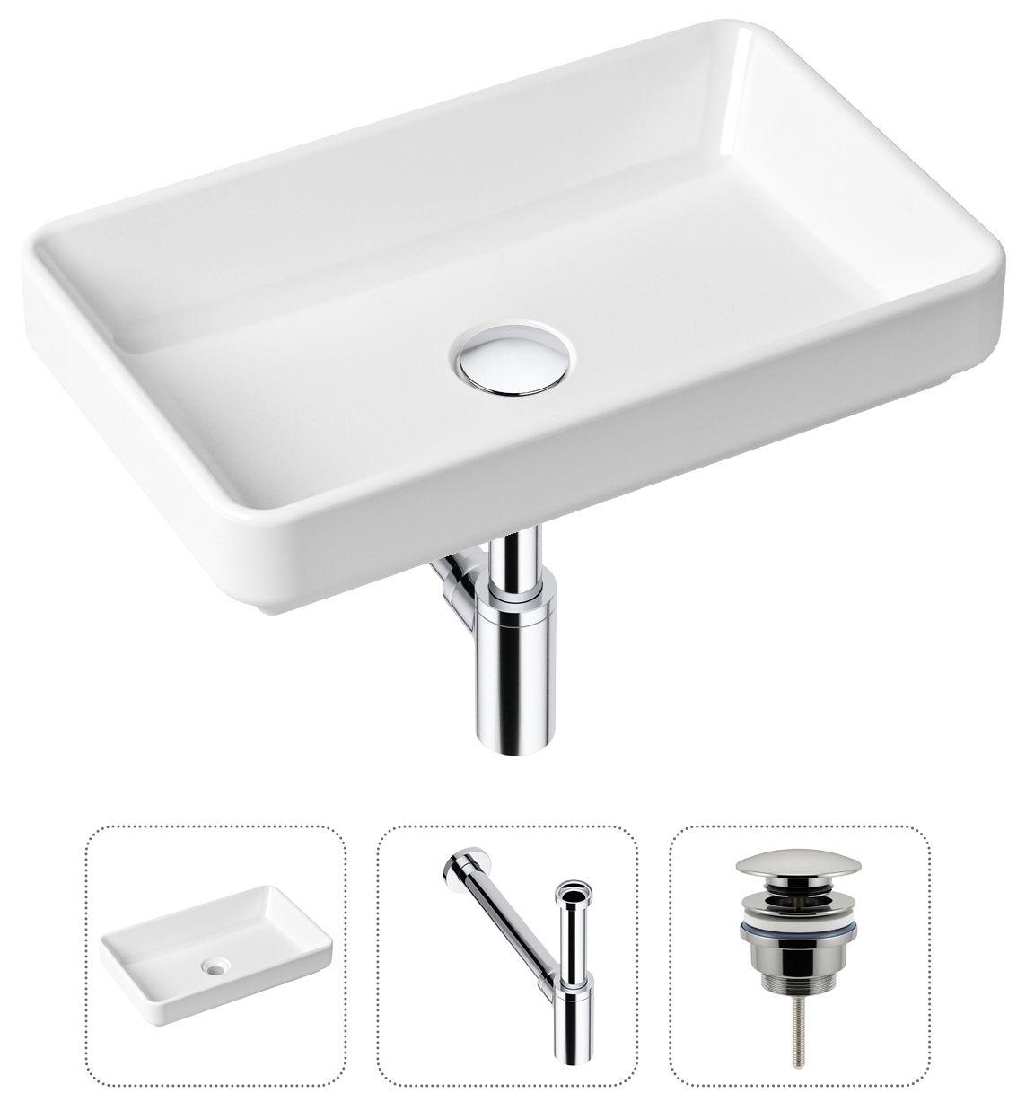 

Комплект 3 в 1 Lavinia Boho Bathroom Sink 21520114: накладная фарфоровая раковина 55 см, металлический сифон, донный клапан, Белый, 21520114