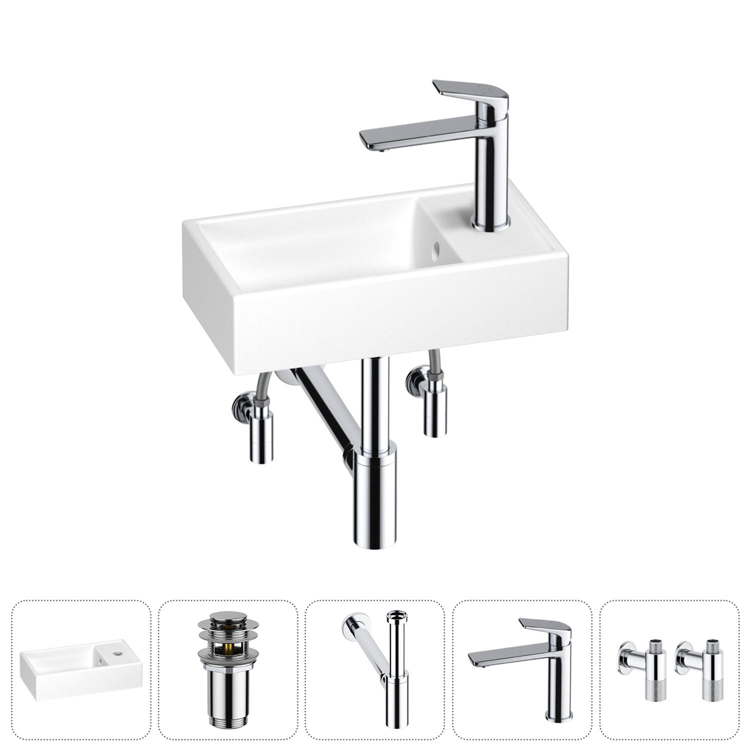 

Раковина Wellsee WC Area 202010467 40х22 с донным клапаном, с сифоном, смесителем и угловыми вентилями (цвет набора хром), Белый, 202010467