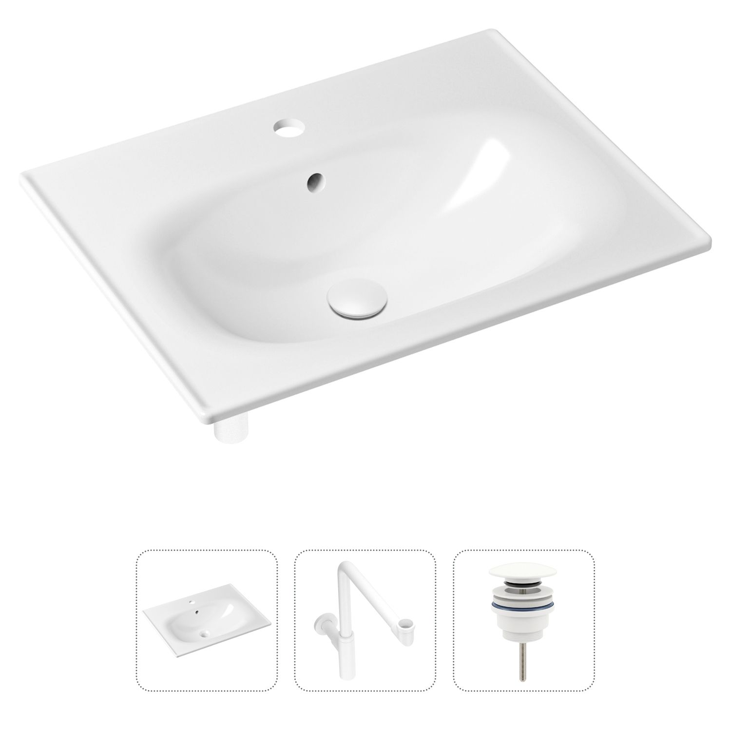 

Комплект 3 в 1 Lavinia Boho Bathroom Sink 21520486: врезная фарфоровая раковина 60 см, металлический сифон, донный клапан, Белый, 21520486