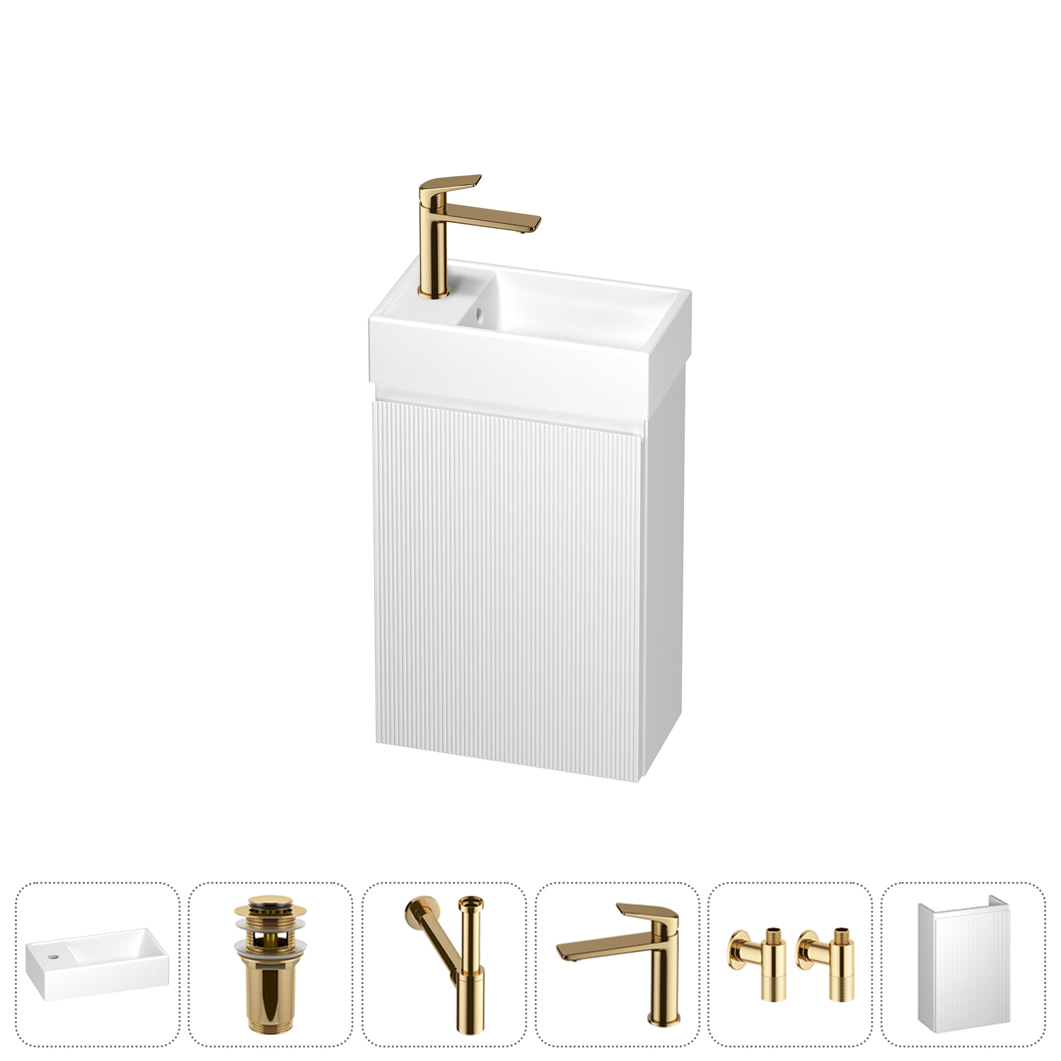 

Тумба с раковиной Wellsee WC Area 40 L подвесная, белый матовый (донный клапан, сифон, смеситель, угловые вентили (цвет набора золото)), 202010505