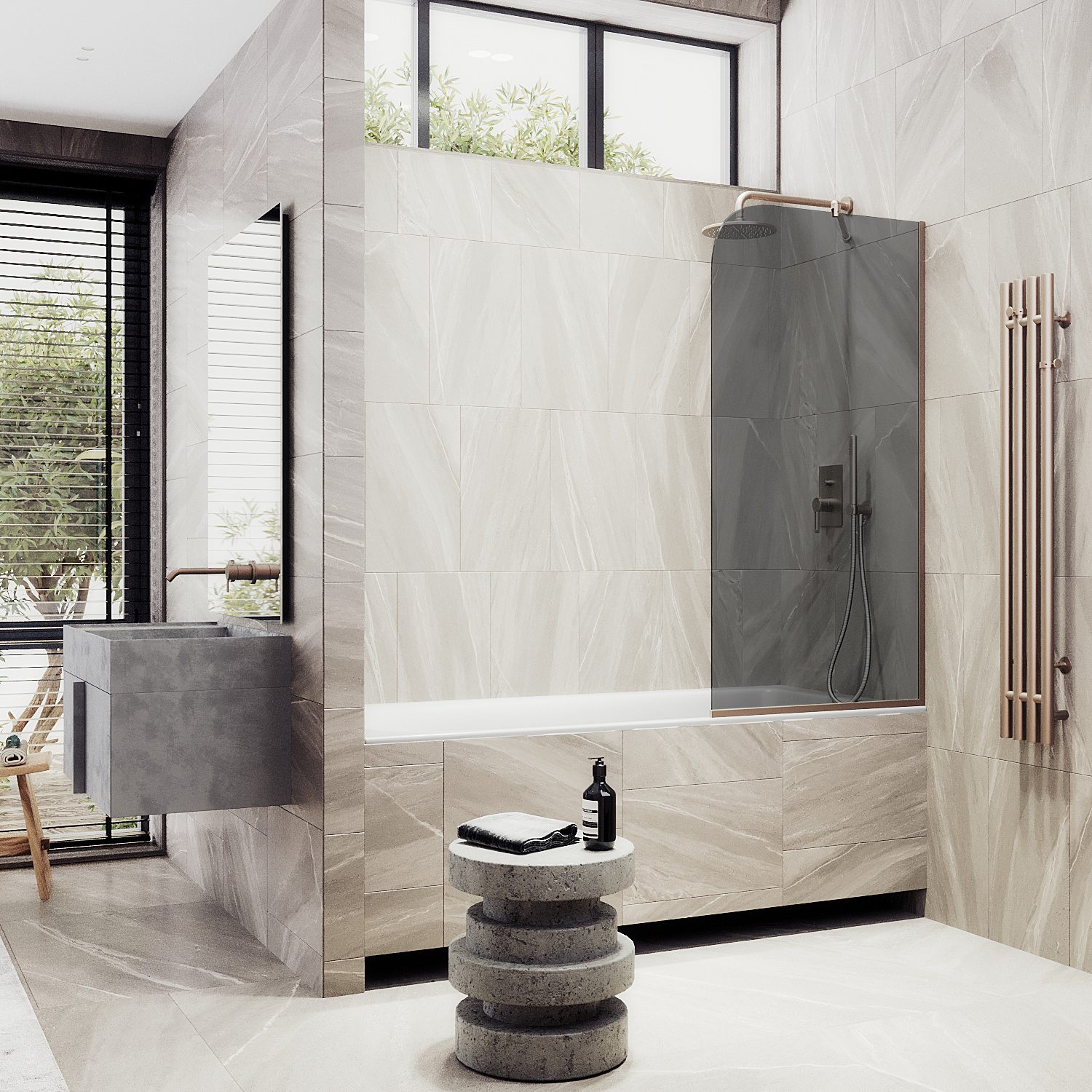 

Шторка на ванну Maybah Glass MGV-81-2у 70х140 см,профиль бронза, стекло графит, MGV-81-2у