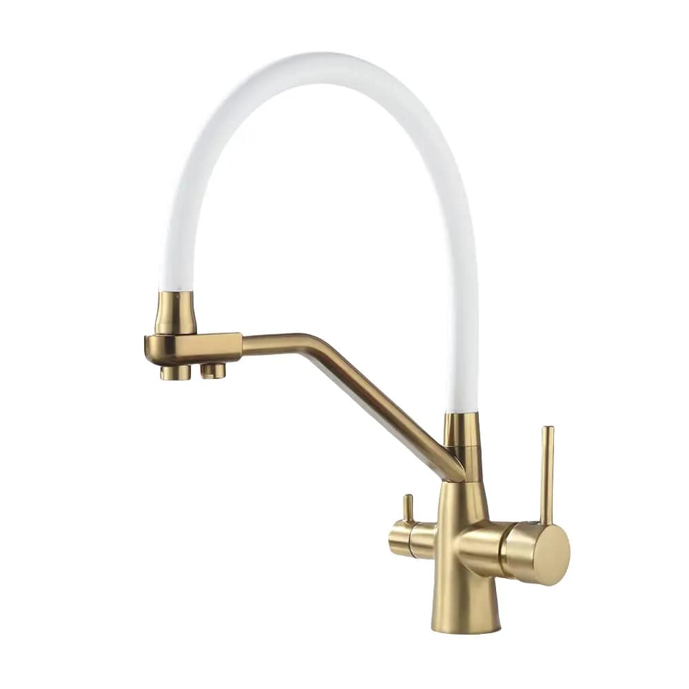 

Смеситель Maretti Eleganza Gold ENG31RGF13 для кухонной мойки, с подключением фильтра, золотой сатин/белый, ENG31RGF13