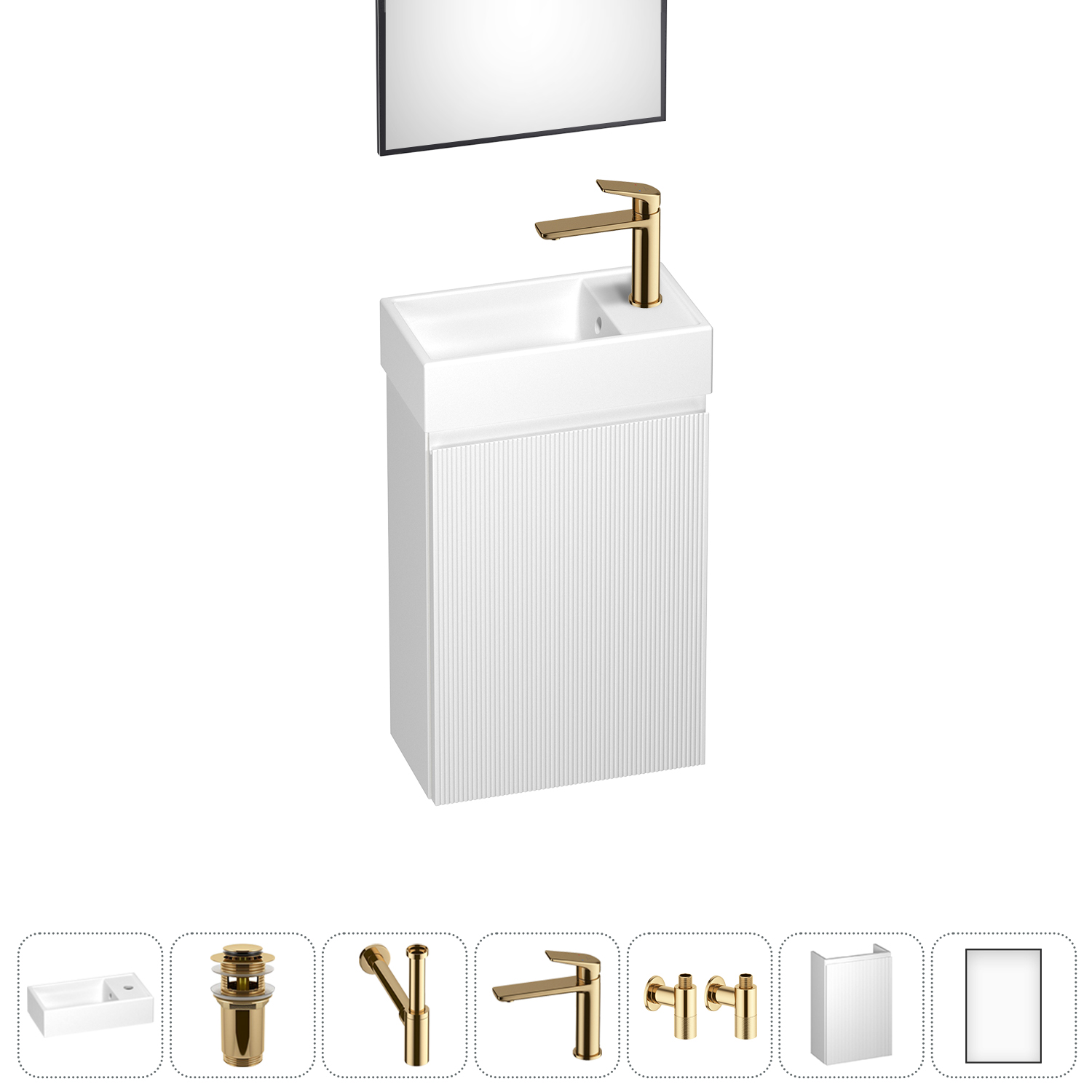 

Тумба с раковиной Wellsee WC Area 40 R подвесная, белый матовый (зеркало, донный клапан, сифон, смеситель, угловые вентили (цвет набора золото)), 202010477