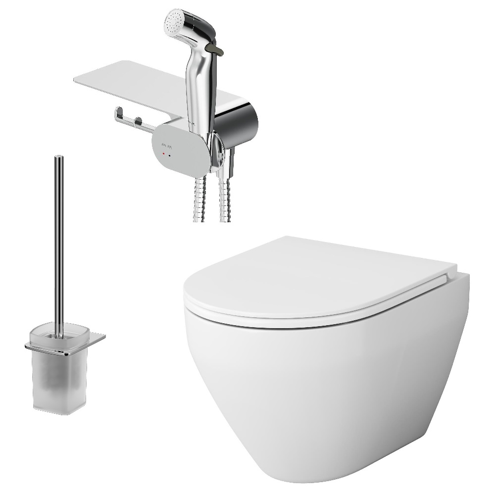

Унитаз подвесной Am.Pm Spirit V2.0 CK70H1003W безободковый, с микролифтом, с гигиеническим душем и ершиком, Белый/хром, CK70H1003W