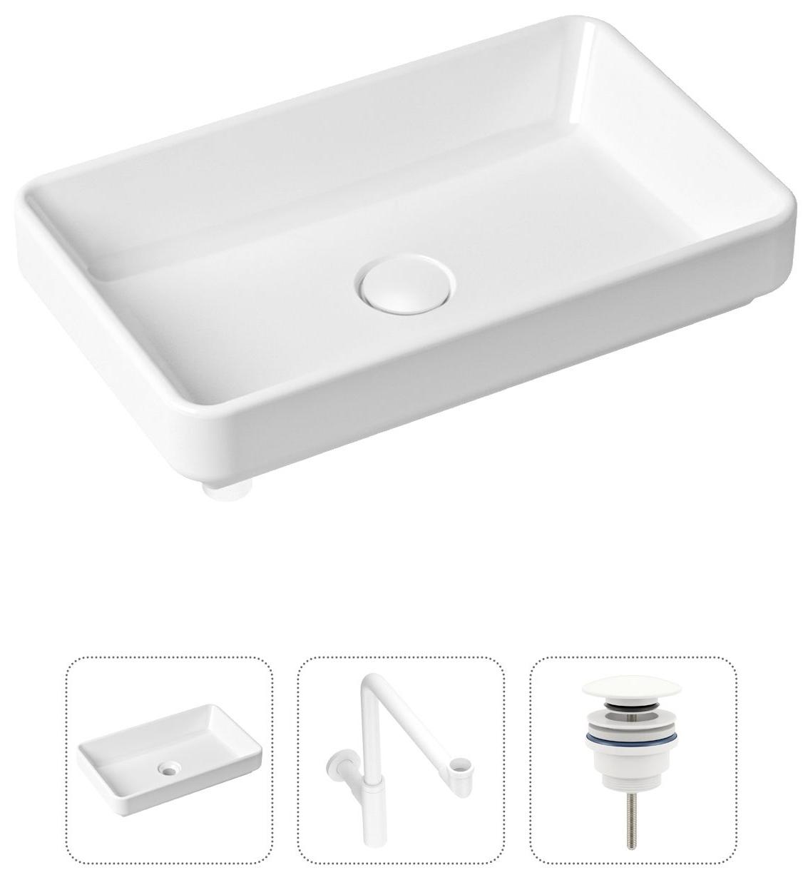 

Комплект 3 в 1 Lavinia Boho Bathroom Sink 21520162: накладная фарфоровая раковина 55 см, металлический сифон, донный клапан, Белый, 21520162