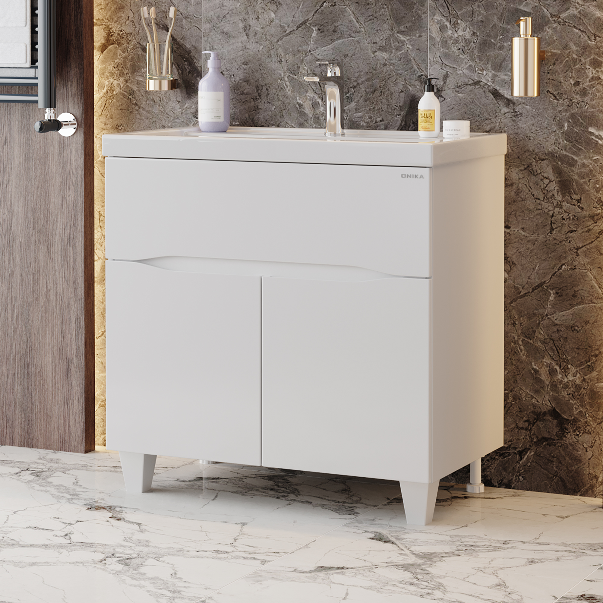 

Тумба с раковиной Onika Стрим 80 напольная, белая (раковина Фостер 80), Белый, Стрим 80