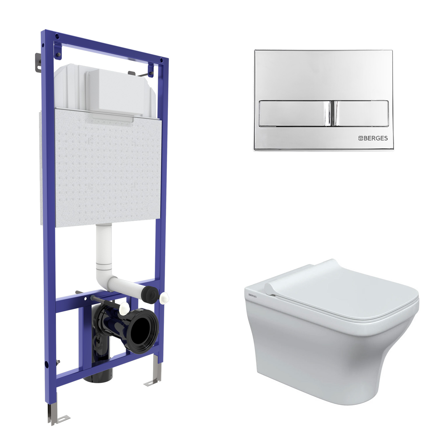 

Комплект Berges Wasserhaus 042448 инсталляция Novum + унитаз Strati Rimless + кнопка L3 хром глянец, Белый, 042448