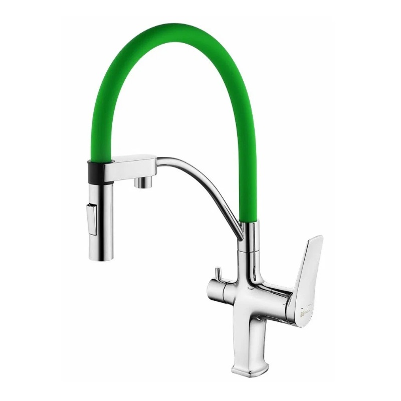 

Смеситель для кухонной мойки Lemark Comfort LM3074C-Green под фильтр, с гибким изливом, хром/зеленый, LM3074C-Green