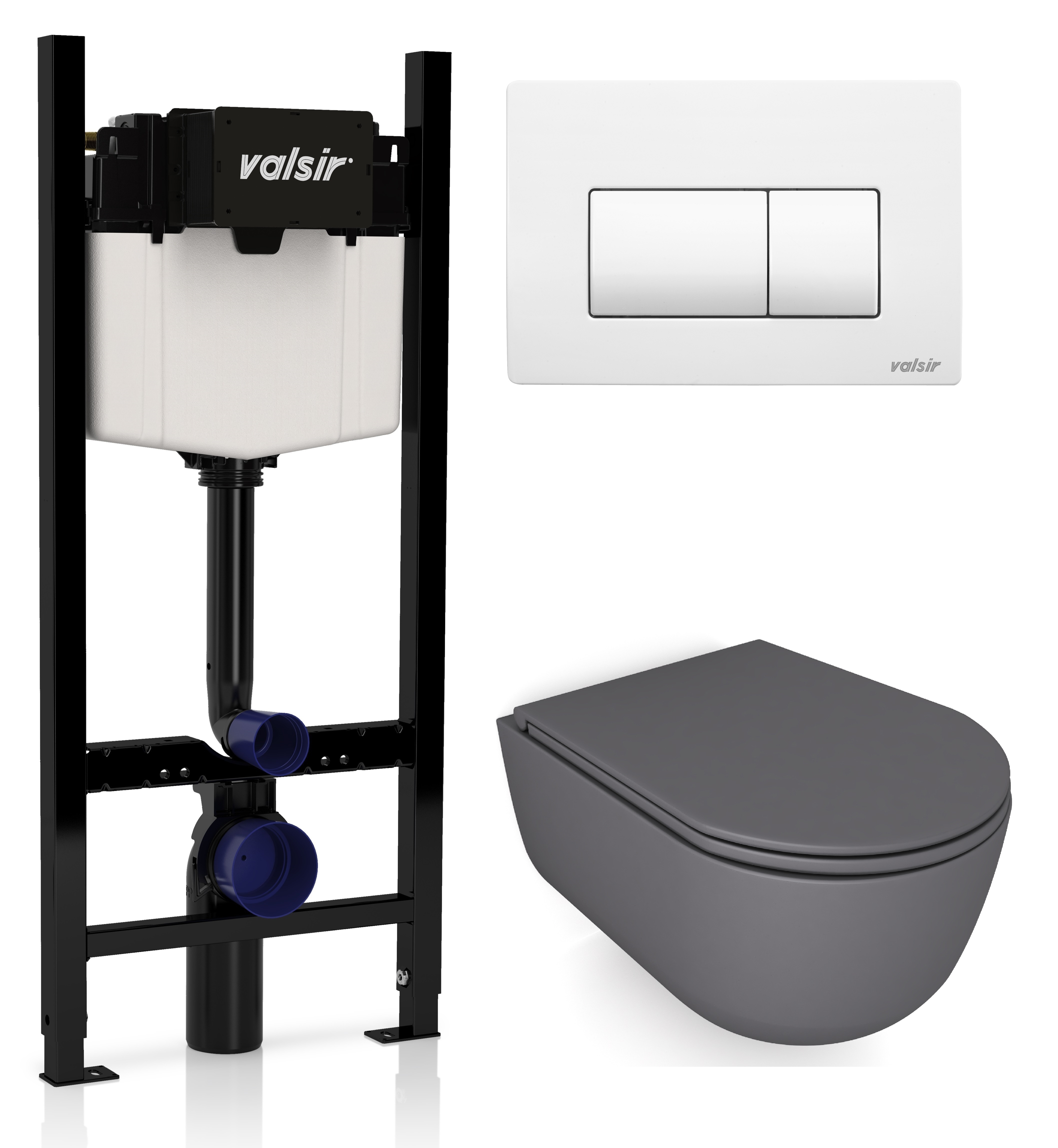 

Комплект унитаз с инсталляцией Valsir KIT VSWM 7334GM Slim P1 + сиденье + кнопка белая матовая, Серый матовый, KIT VSWM 7334GM Slim P1