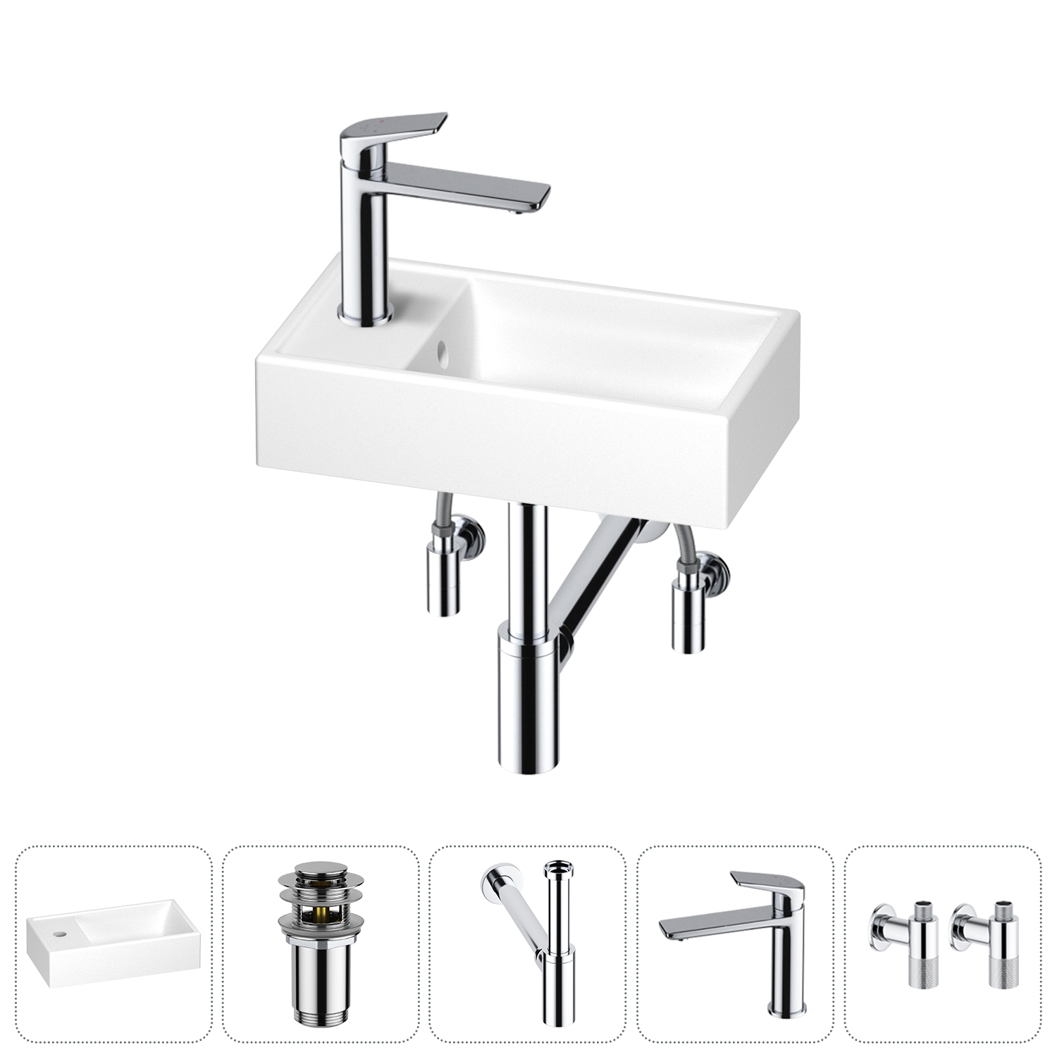 

Раковина Wellsee WC Area 202010499 40х22 с донным клапаном, с сифоном, смесителем и угловыми вентилями (цвет набора хром), Белый, 202010499