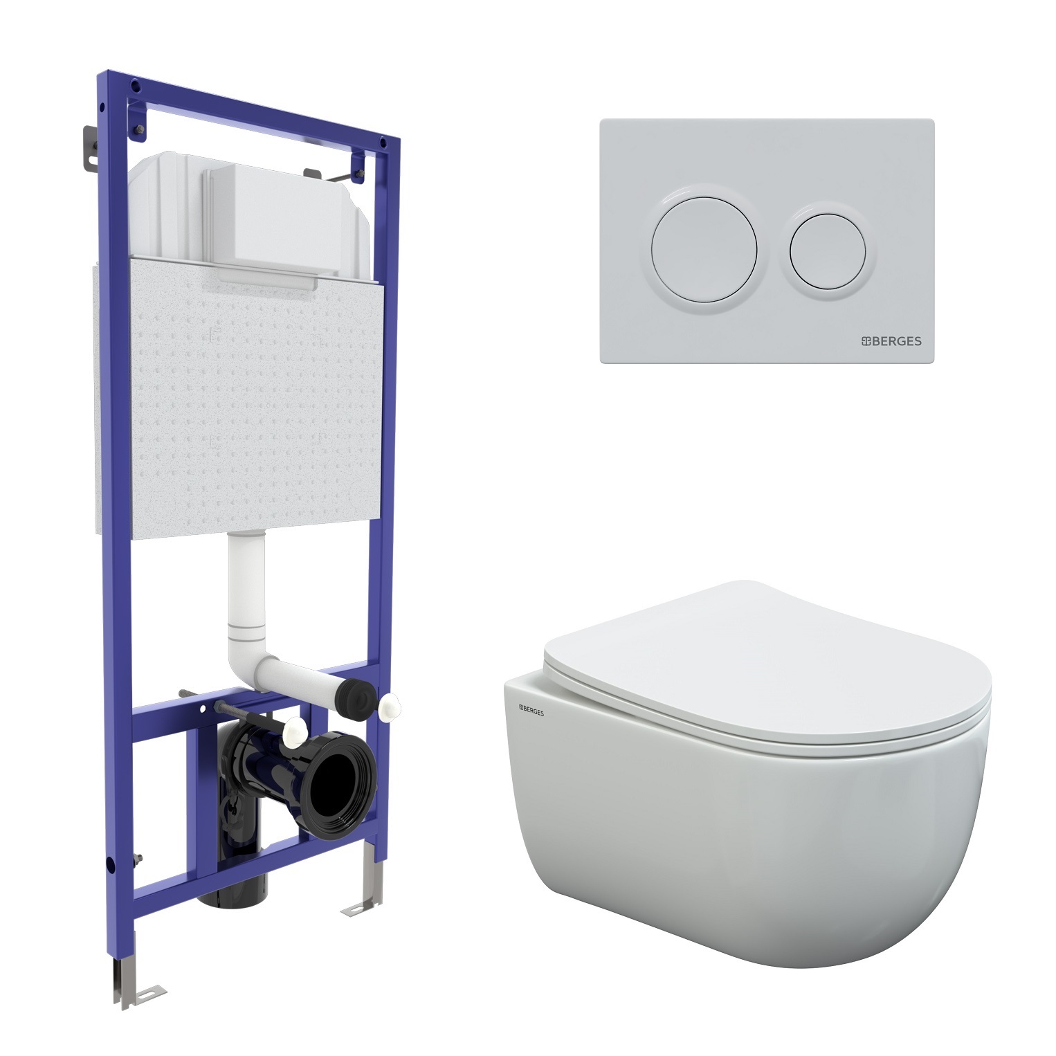 

Комплект Berges 043239 инсталляция Novum 525 + кнопка О1 белая + унитаз Ventas Rimless, Белый, 043239