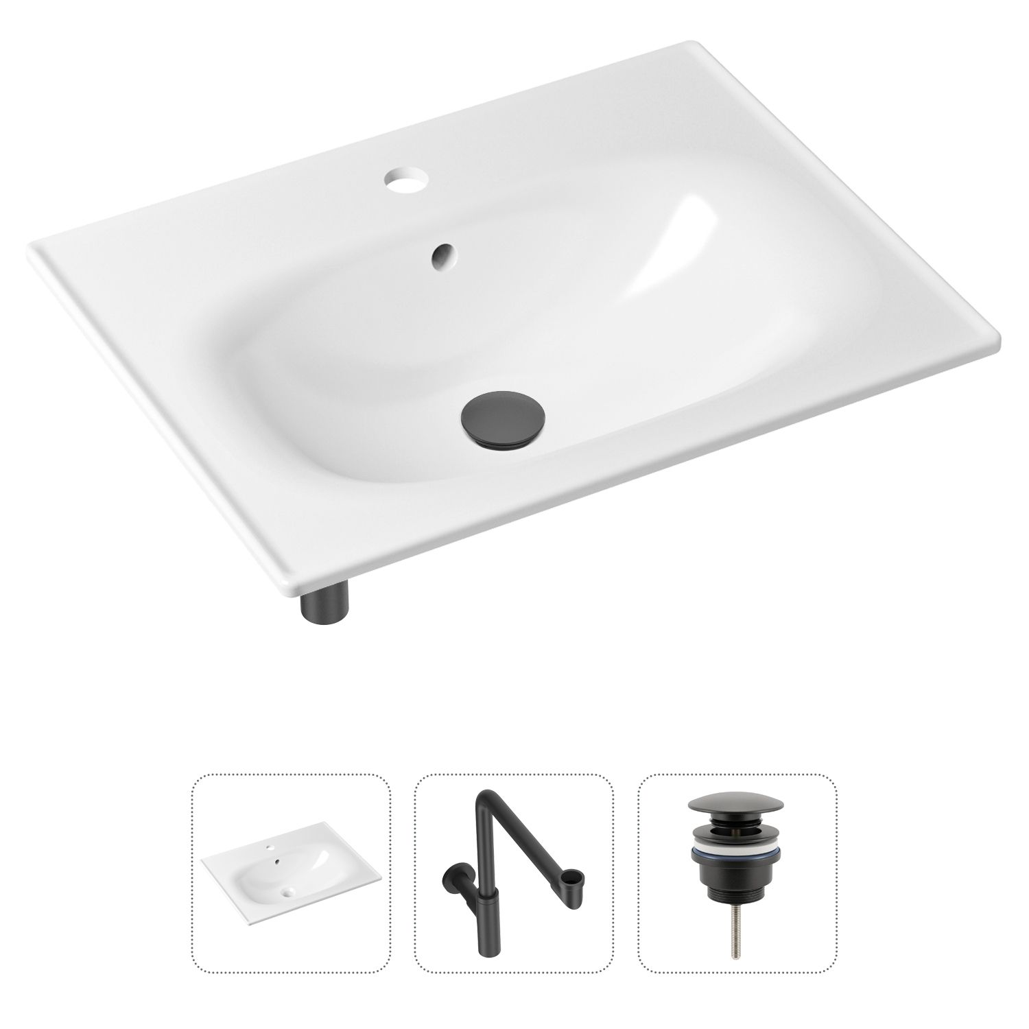 

Комплект 3 в 1 Lavinia Boho Bathroom Sink 21520480: врезная фарфоровая раковина 60 см, металлический сифон, донный клапан, Белый, 21520480
