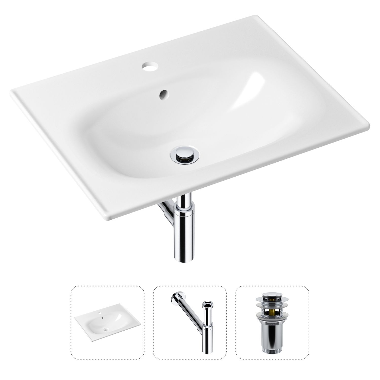 

Комплект 3 в 1 Lavinia Boho Bathroom Sink 21520467: врезная фарфоровая раковина 60 см, металлический сифон, донный клапан, Белый, 21520467