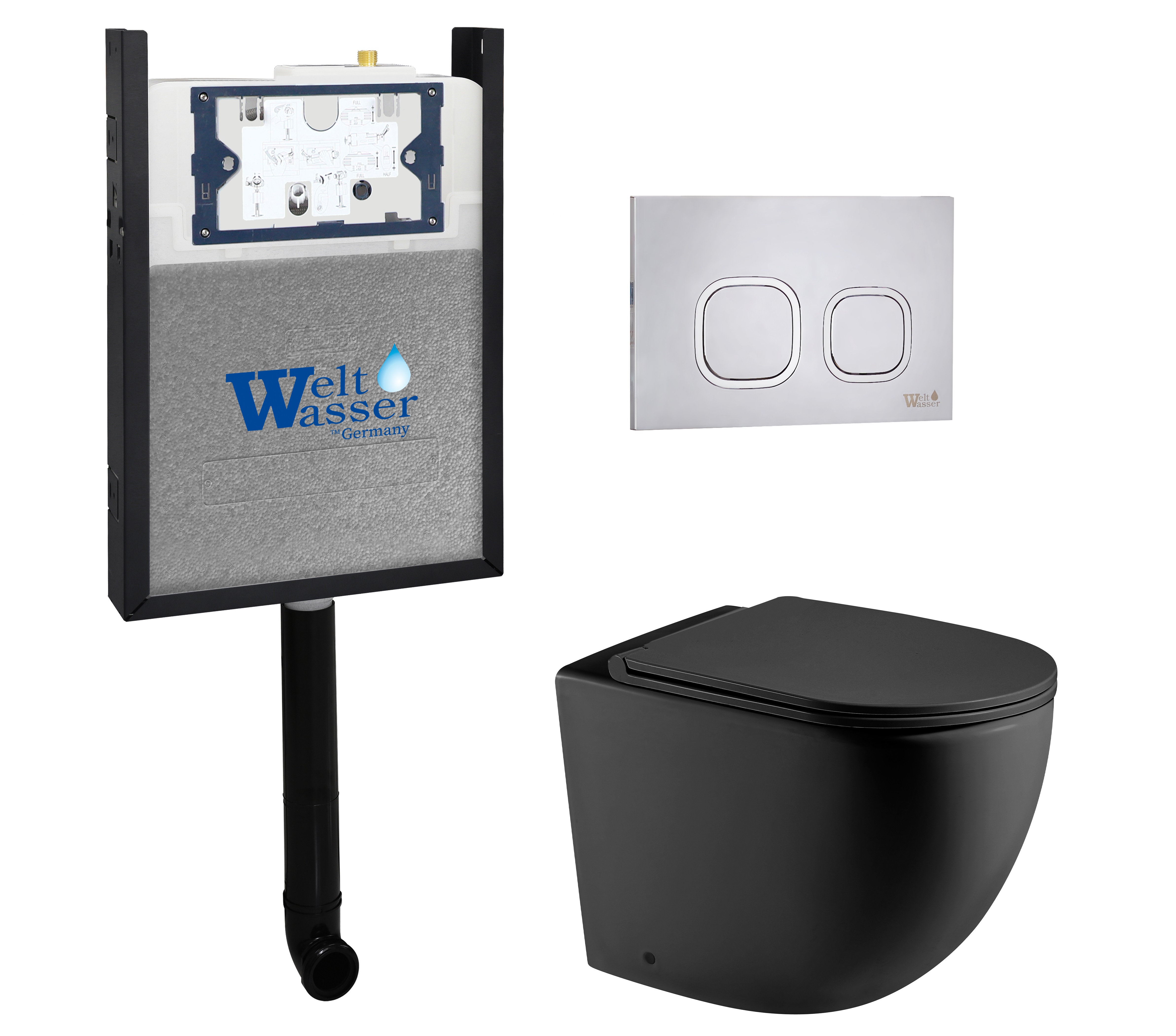 

Комплект WeltWasser 10000011794 унитаз SK Merzbach 002 MT-BL + инсталляция AMBERG 404 + кнопка Amberg RD-MT CR, Черный матовый, 10000011794