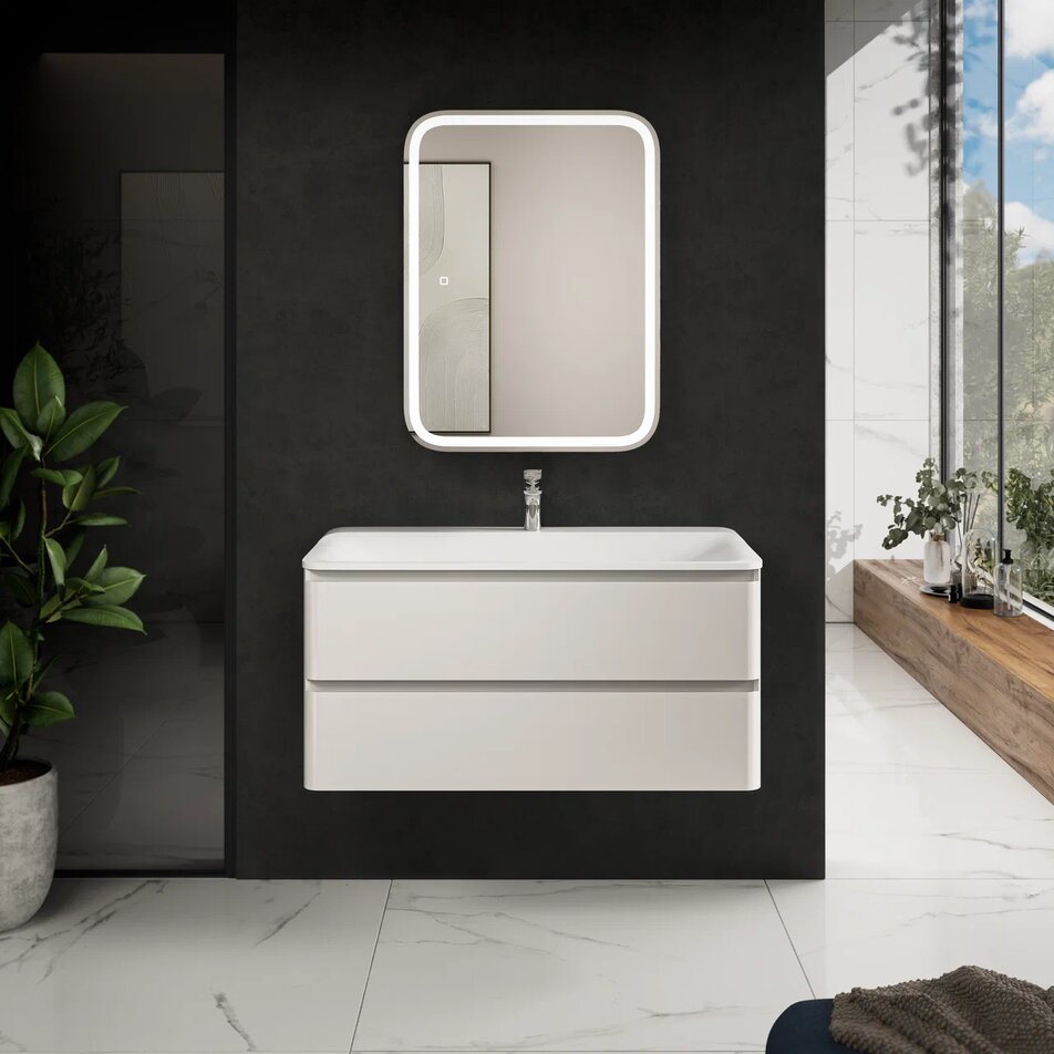 

Тумба с раковиной AQUAme S4 100 подвесная, 2 ящика, белый глянец, AQM900410WH