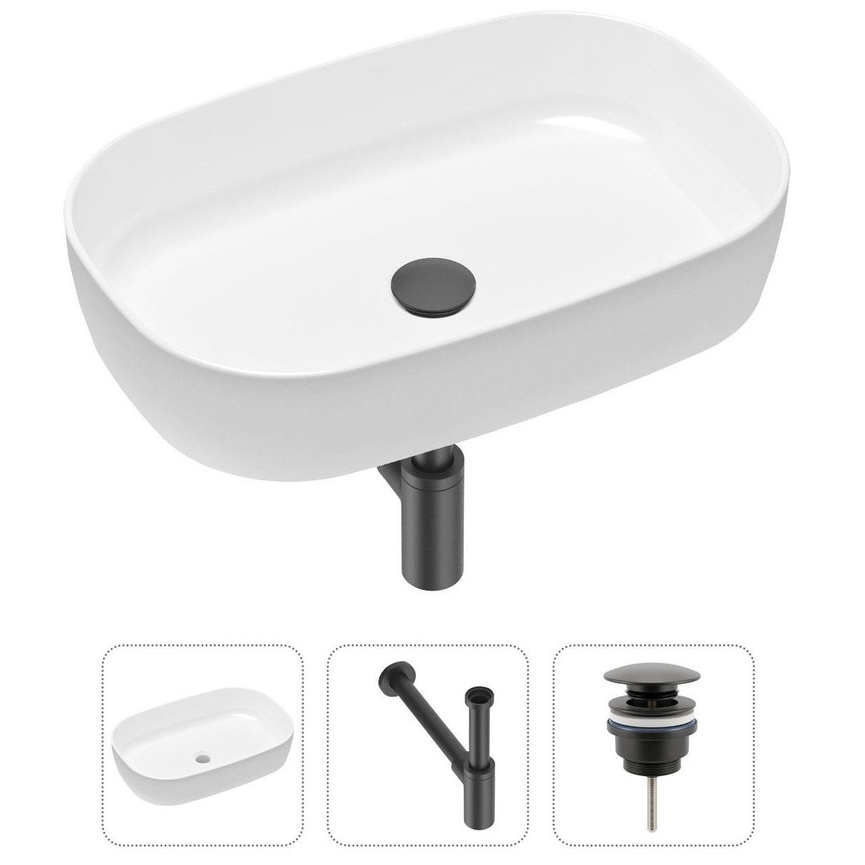 

Комплект 3 в 1 Lavinia Boho Bathroom Sink 21520062: накладная фарфоровая раковина 54 см, металлический сифон, донный клапан, Белый, 21520062