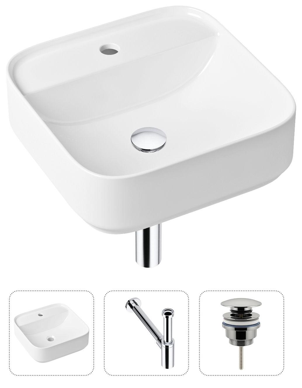 

Комплект 3 в 1 Lavinia Boho Bathroom Sink 21520276: накладная фарфоровая раковина 42 см, металлический сифон, донный клапан, Белый, 21520276