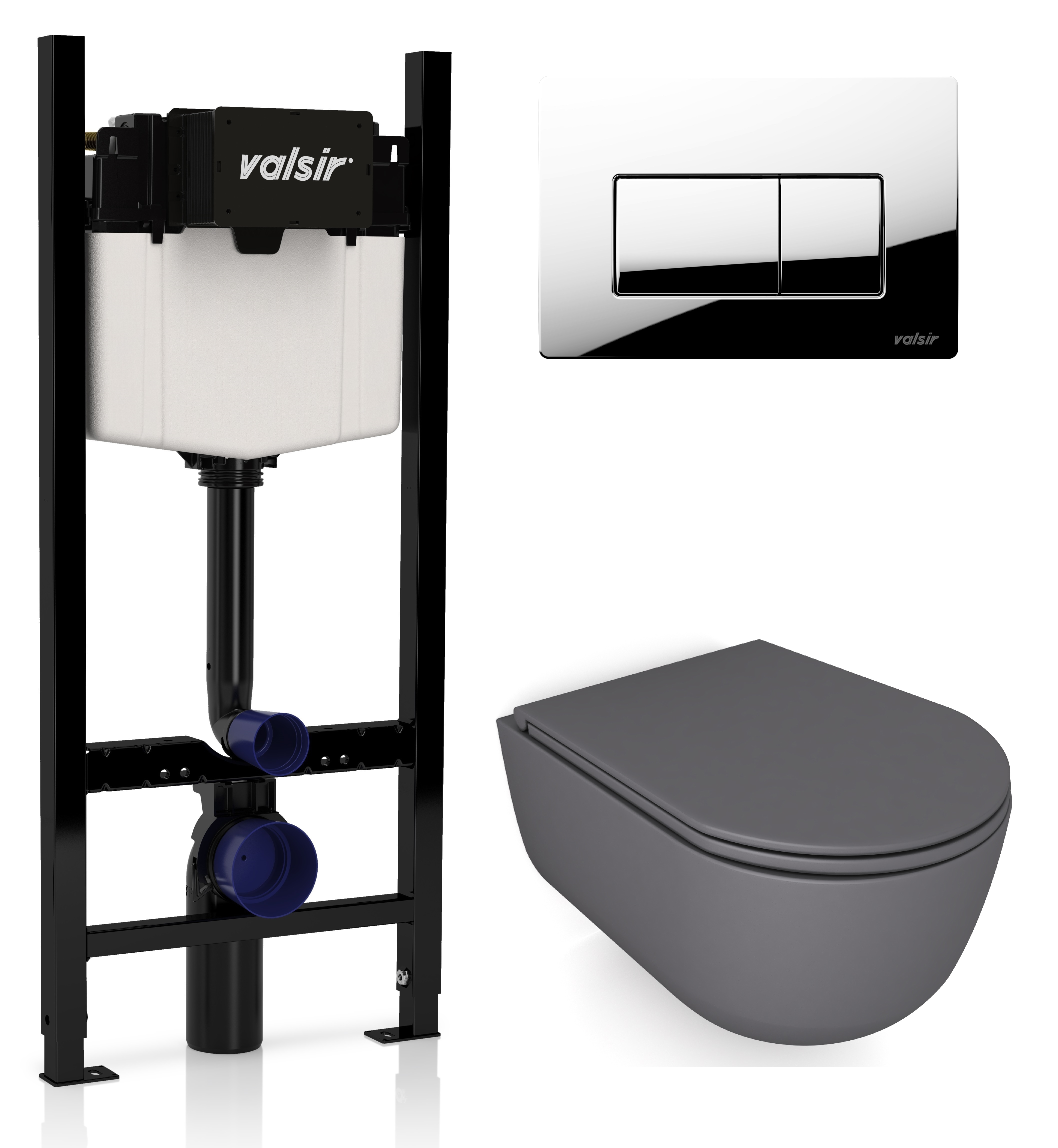 

Комплект унитаз с инсталляцией Valsir KIT VSCR 7334GM Slim P1 + сиденье + кнопка хром глянцевый, Серый матовый, KIT VSCR 7334GM Slim P1