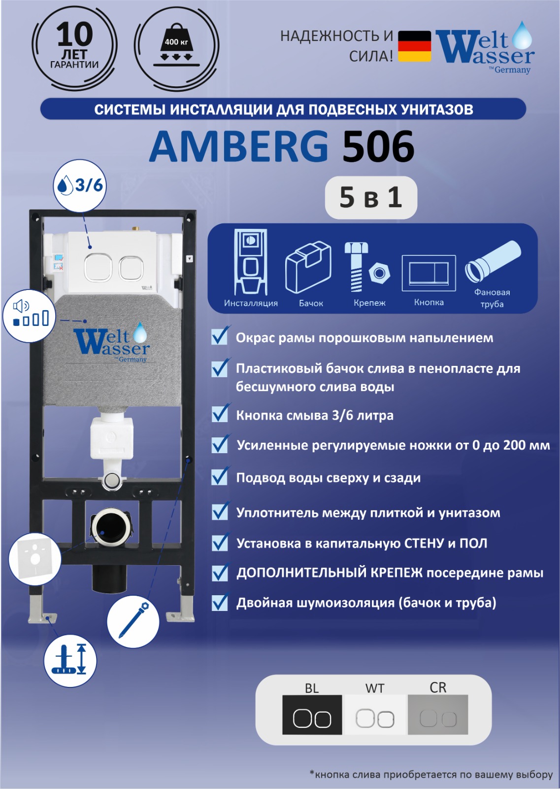 

Инсталляция для унитазов WeltWasser WW AMBERG 506 без кнопки, Черный, Amberg 506