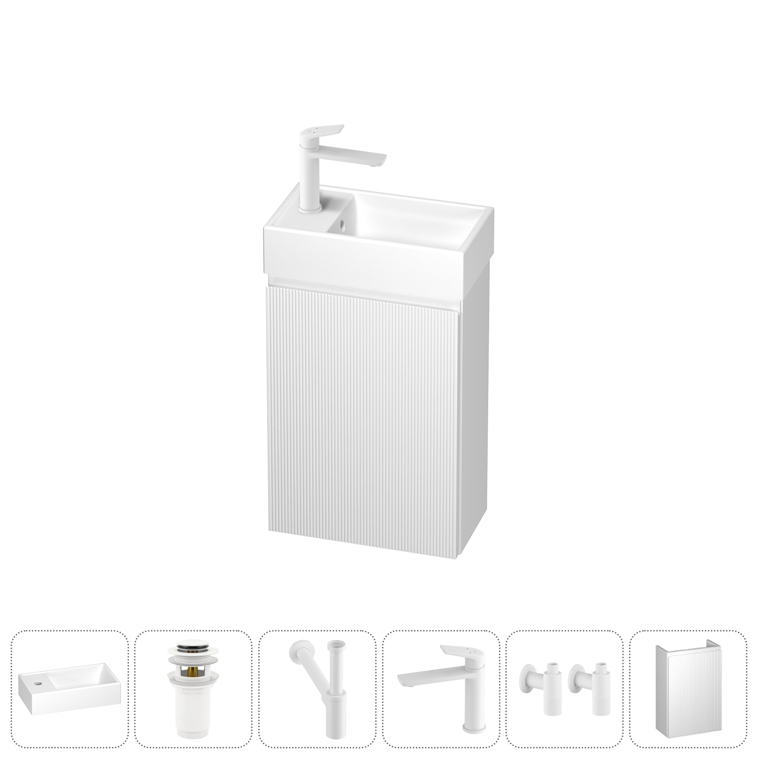

Тумба с раковиной Wellsee WC Area 40 L подвесная, белый матовый (донный клапан, сифон, смеситель, угловые вентили (цвет набора матовый белый)), 202010506