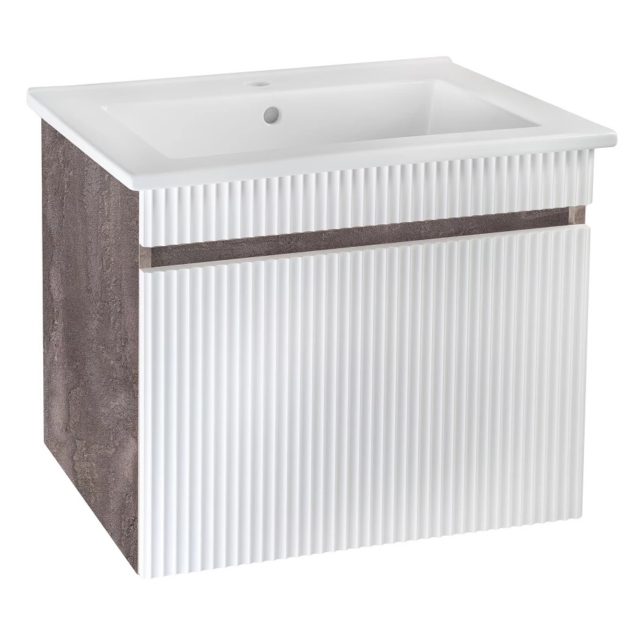 

Тумба с раковиной Runo Модена 65 подвесная, железный камень/белый, Темно-серый / белый, Модена 00-00001424