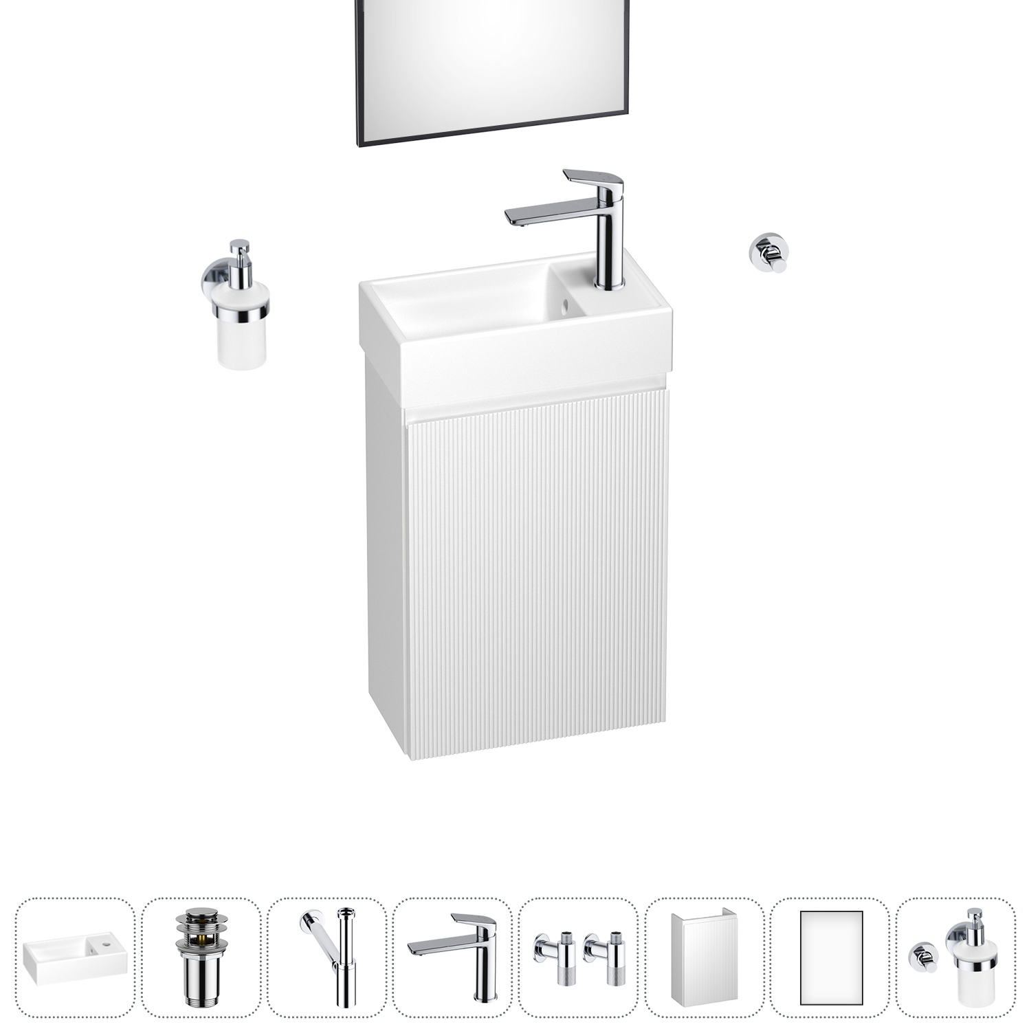 

Тумба с раковиной Wellsee WC Area 40 R подвесная, белый (зеркало, донный клапан, дозатор, сифон, смеситель, угл. вентили, крючок (цвет набора хром)), Белый матовый, 202010483