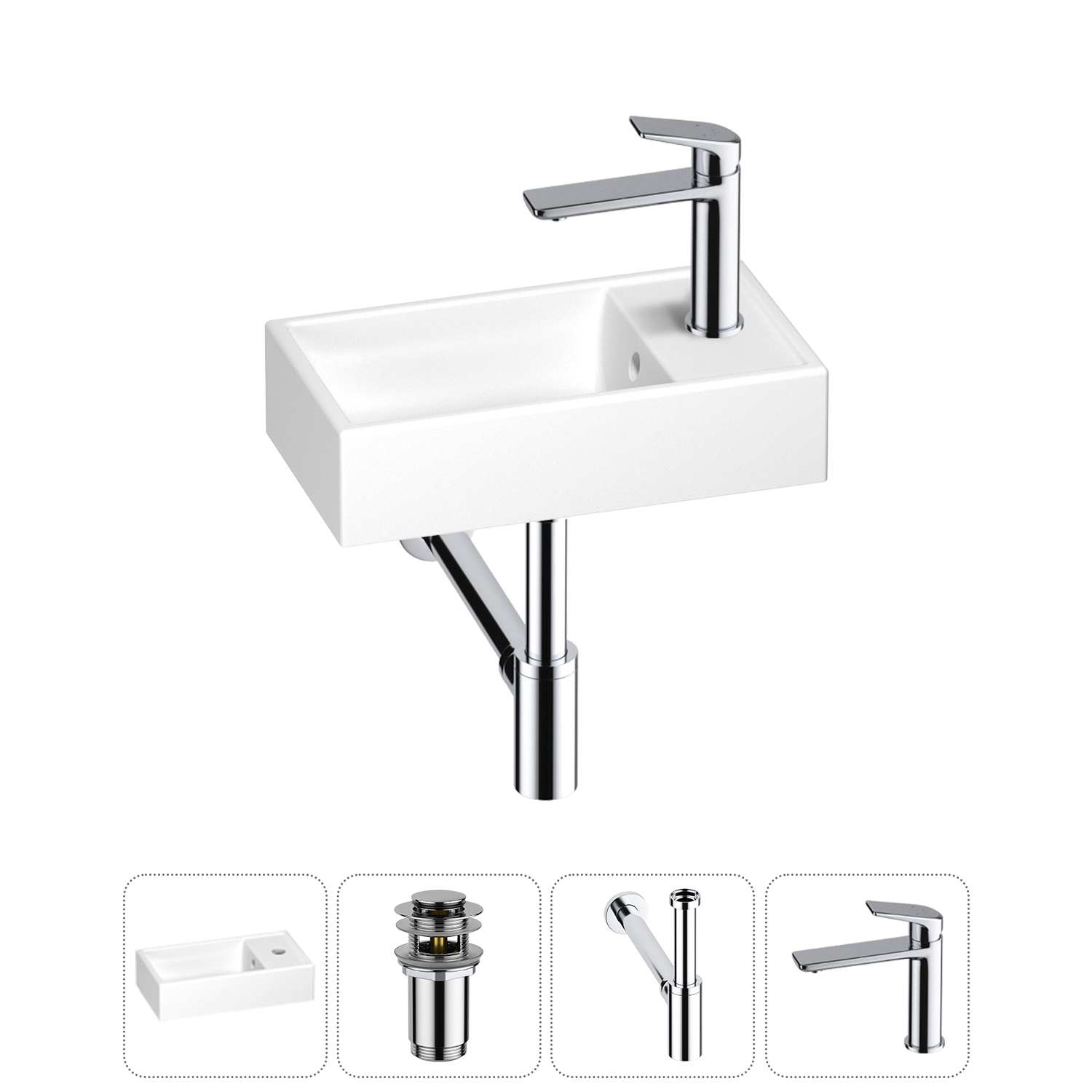 

Раковина Wellsee WC Area 202010463 40х22 с донным клапаном, сифоном и смесителем (цвет набора хром), Белый, 202010463