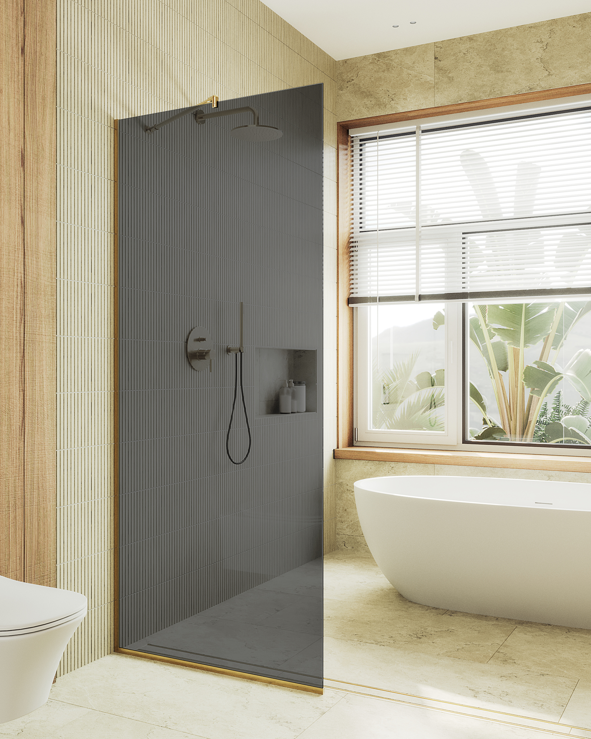 

Душевая перегородка Maybah Glass MGD-681-3у 109х195 см, профиль золото, стекло графит, MGD-681-3у