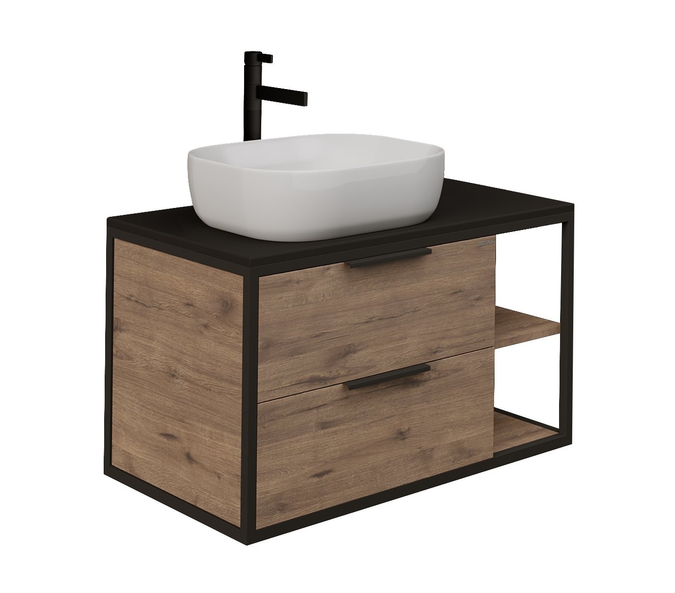 

Тумба со столешницей Grossman Лофт 90 подвесная, 2 ящика, веллингтон/металл черный (раковина Grossman GR-3020), Дерево;черный, 1090012