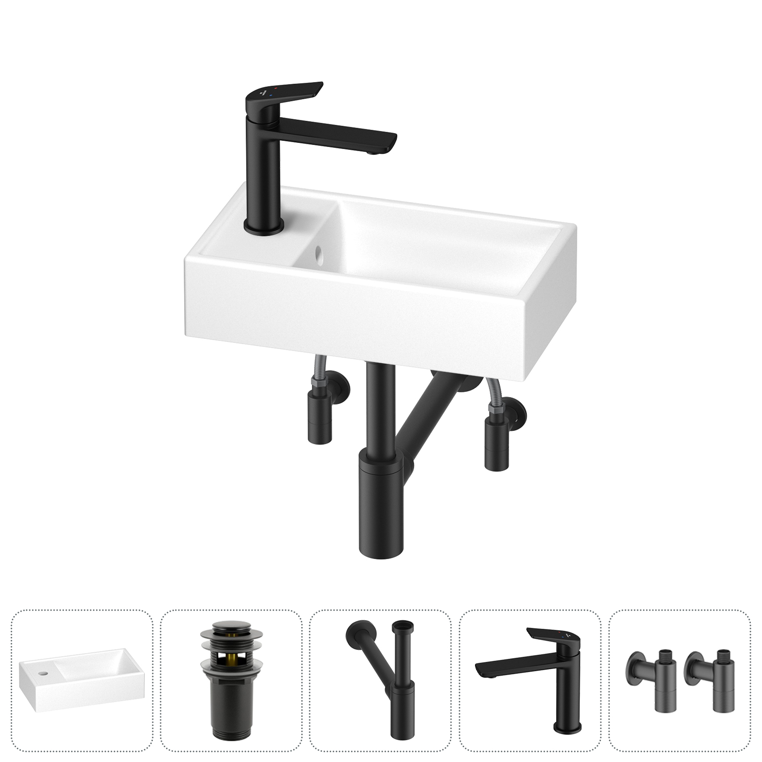 

Раковина Wellsee WC Area 202010500 40х22 с донным клапаном, с сифоном, смесителем и угловыми вентилями (цвет набора матовый черный), Белый, 202010500