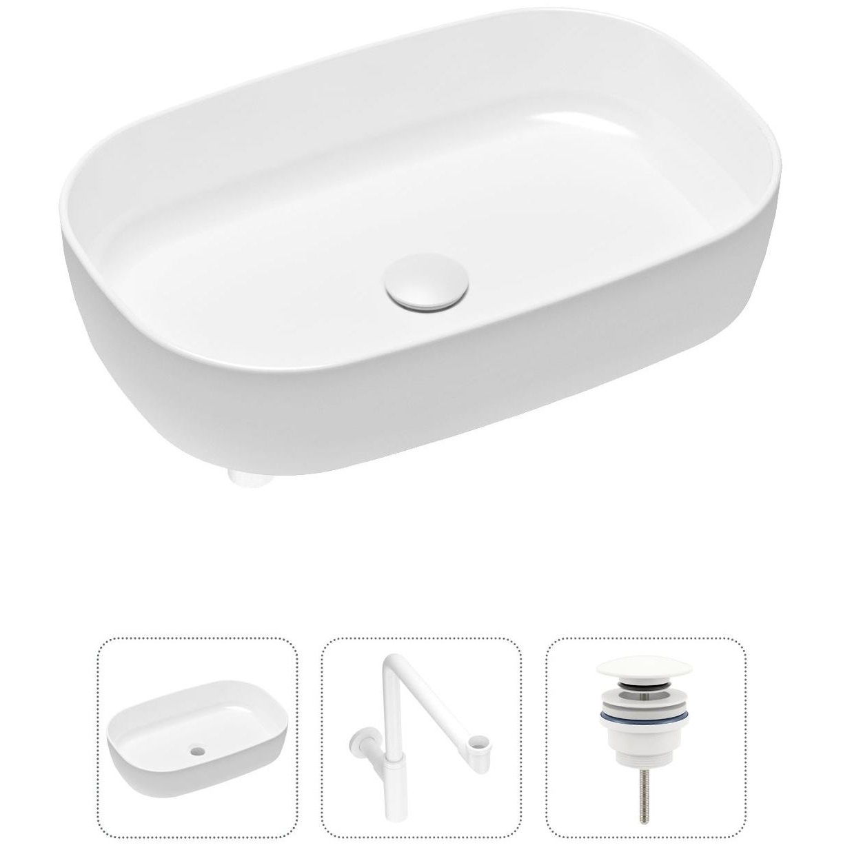 

Комплект 3 в 1 Lavinia Boho Bathroom Sink 21520108: накладная фарфоровая раковина 54 см, металлический сифон, донный клапан, Белый, 21520108