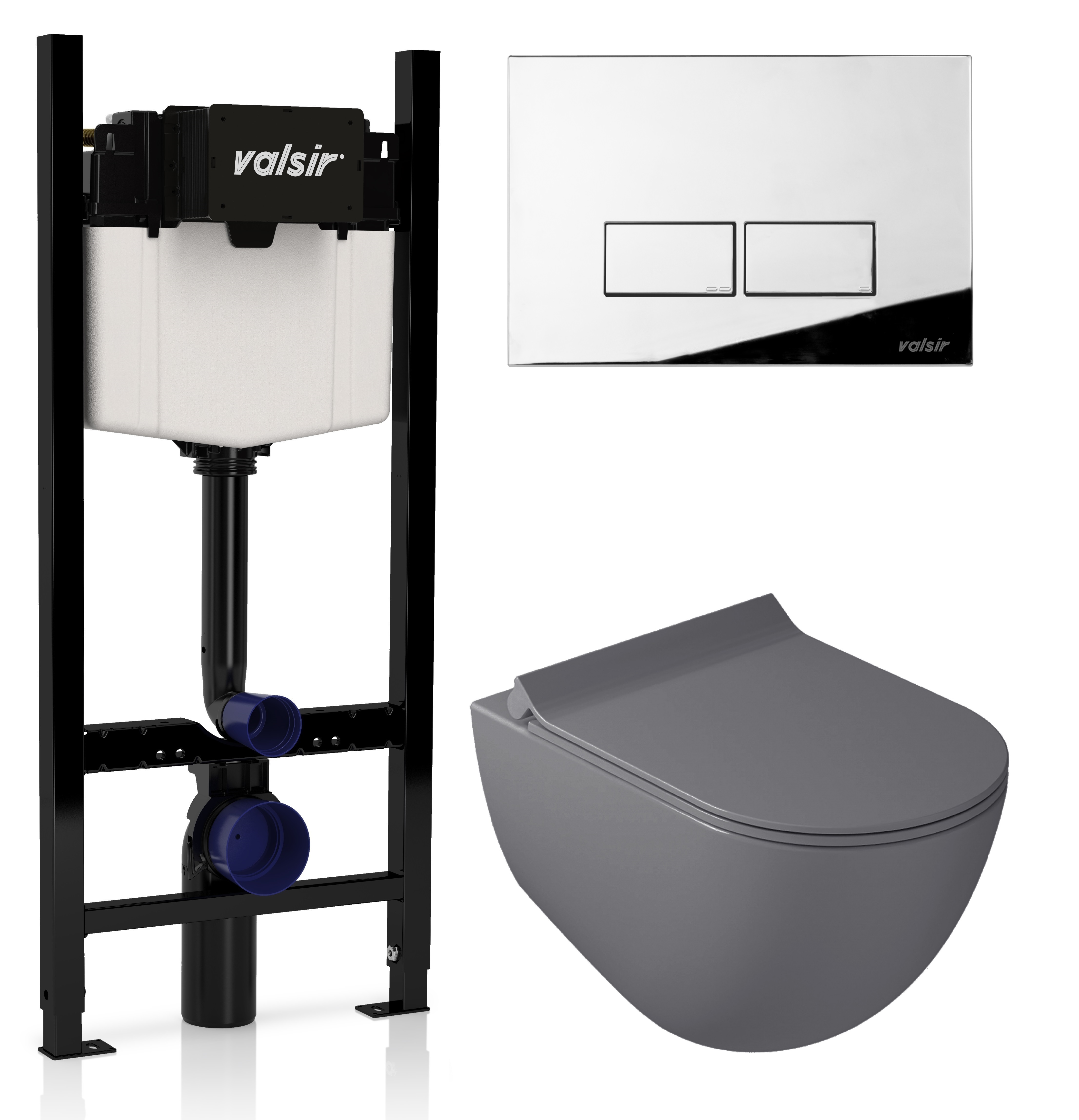 

Комплект унитаз с инсталляцией Valsir KIT VSCR 7317GM Slim P3 + сиденье + кнопка хром глянцевый, Серый матовый, KIT VSCR 7317GM Slim P3