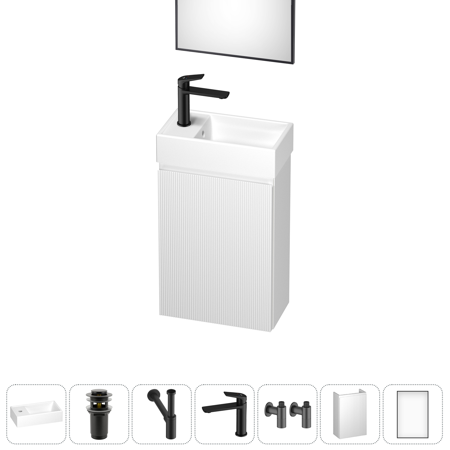 

Тумба с раковиной Wellsee WC Area 40 L подвесная, белый матовый (зеркало, донный клапан, сифон, смеситель, угловые вентили (цвет набора черный)), 202010508